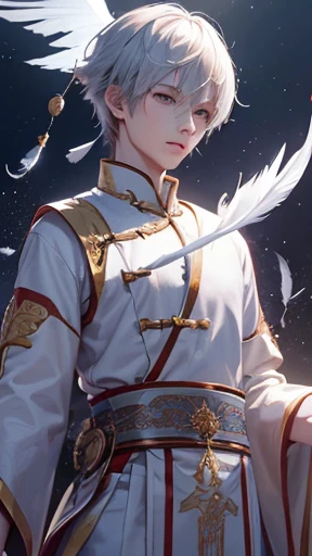 One boy,(8k,Best image quality,masterpiece:1.4),final Fantasy,(Fantasy),(lights),alone,White Chinese Chat,Chinese clothing,(Handle Feather Fan),Confident