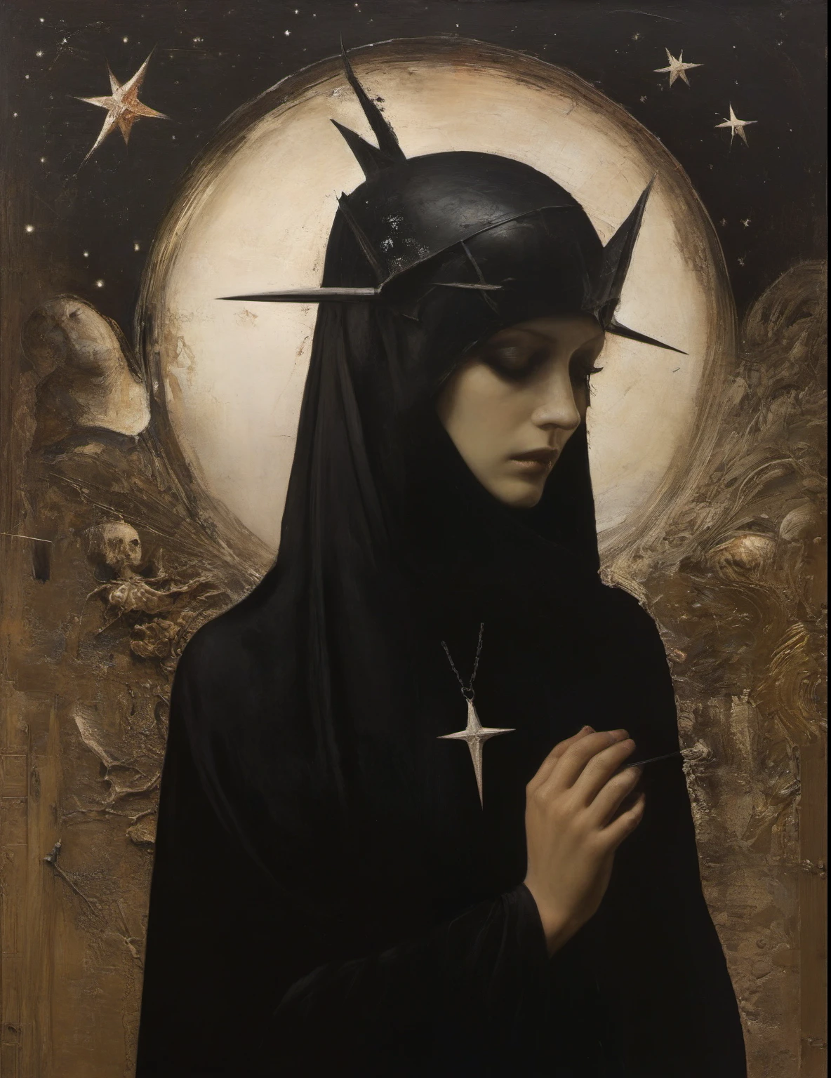 James Gurney, Surrealist art , dream-like, Mysterious, Provocative, symbolic, Complex, detailed,, (Gothic but very beautiful:1.4), (masterpiece, highest quality:1.4) , Nicola Samori Style, star