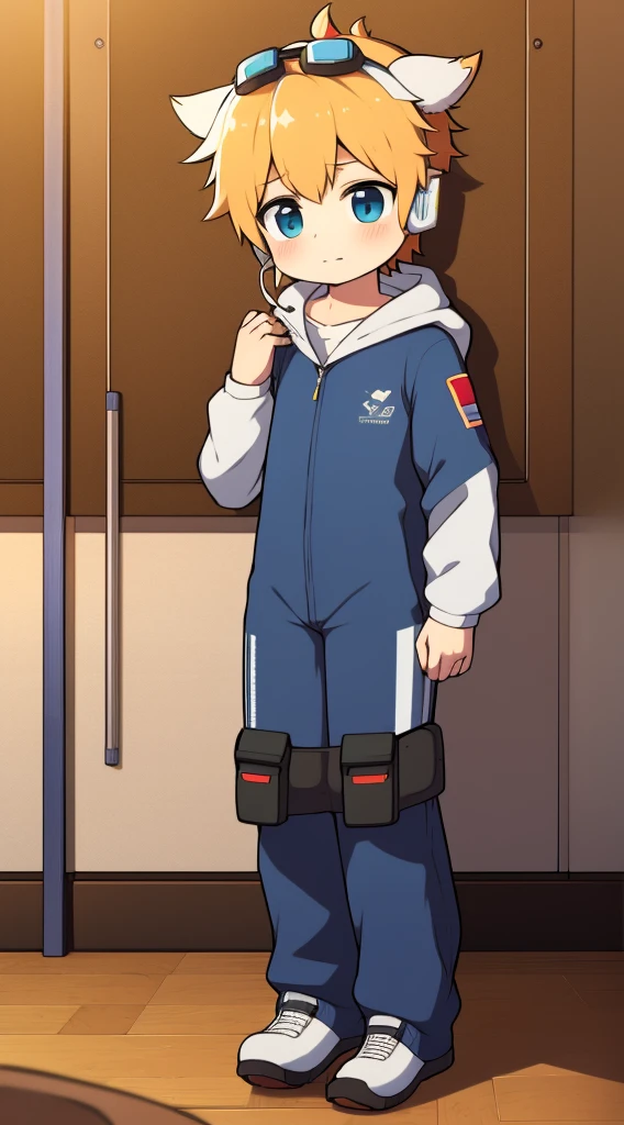 2D Boy Shota,One-piece mountaineering suit,Put the headphones on your head,permanent,goggles,Cow ears,sports shoes,classroom,Walk