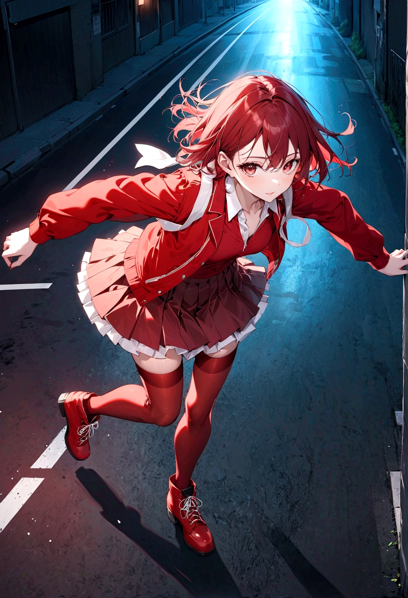 masterpiece, best quality,, Maruzinski (Fresh beans),, red stockings, Red Jacket, Pleated Skirt, Red Skirt, Long sleeve, Necklace, red shirt, open jacket, White bow, Open clothes, high-heel boots, Asphalt Road, running, eye trail, Night Sky, neon, from above,, 