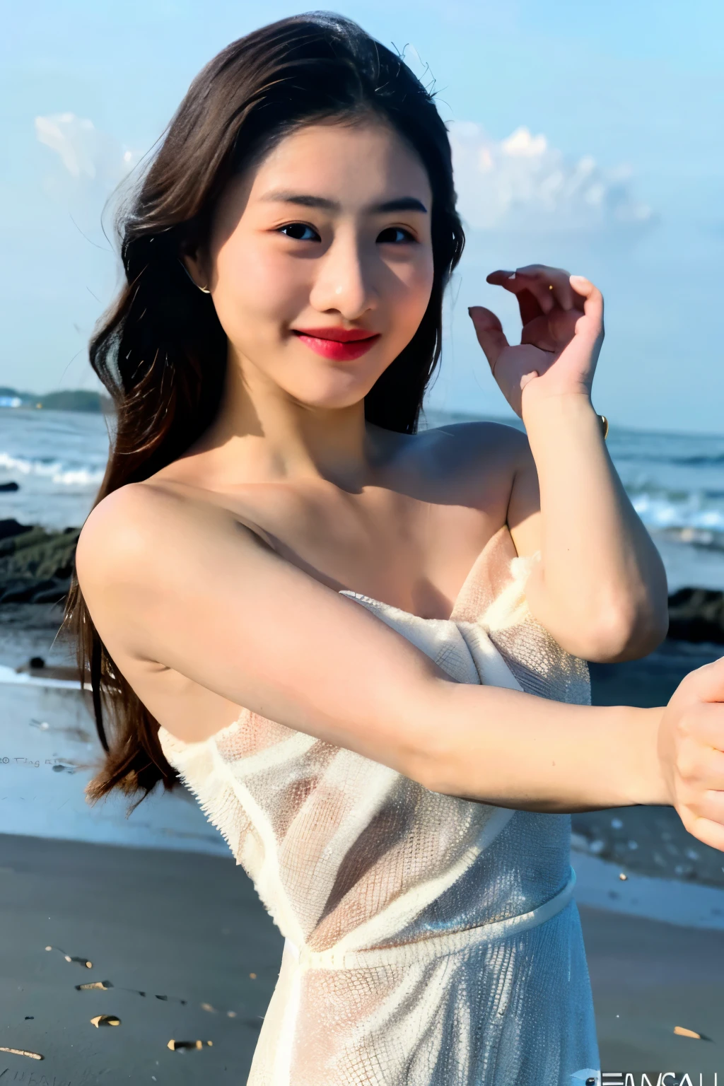 ((best quality)), ((Masterpiece)), (details), 1 Thai girl wearing a cream-colored evening dress A Chinese man proposed to me with a large diamond ring on a Phuket beach.