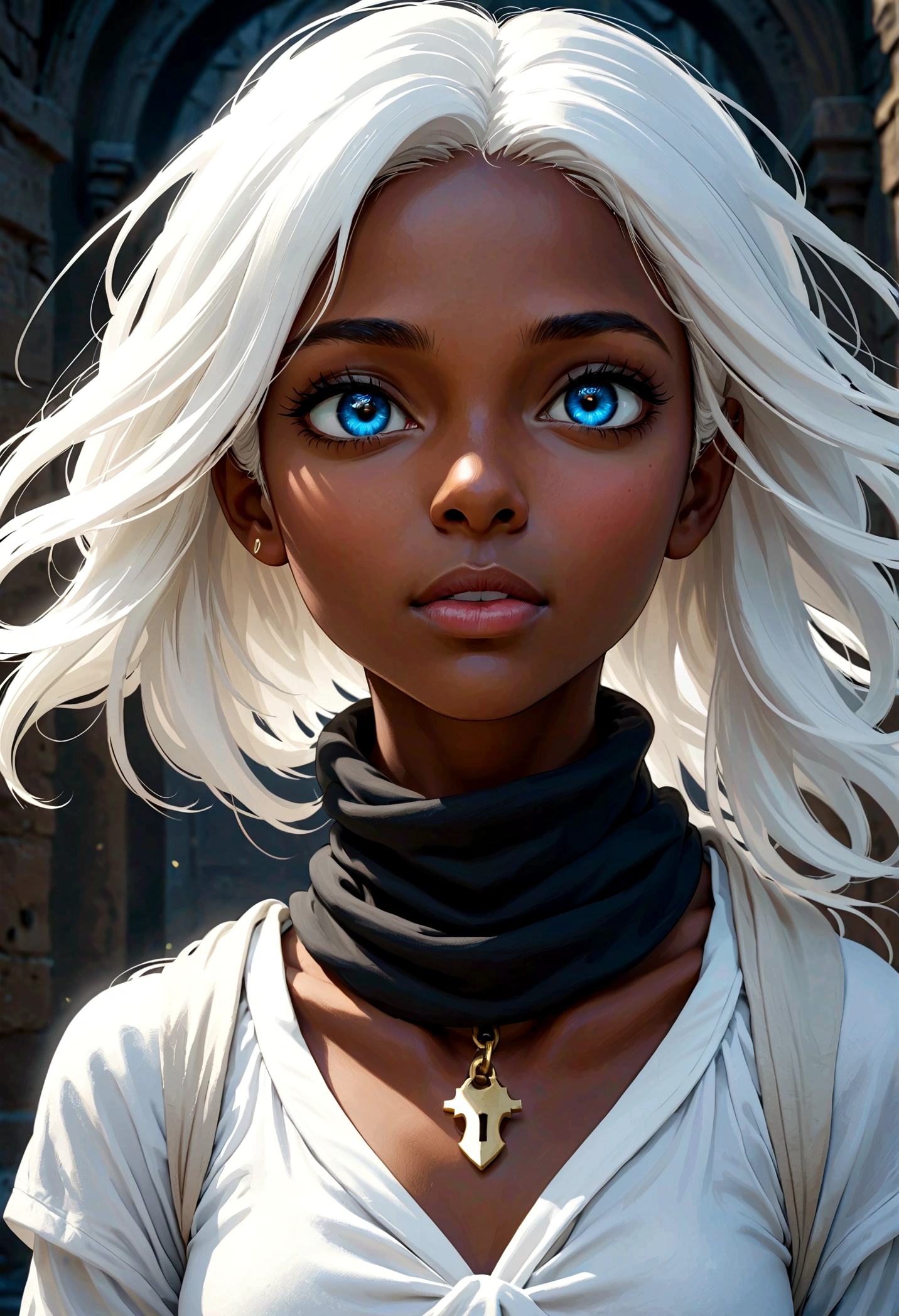 best quality, (Wide-angle lens), masterpiece,  Dark Elf, white hair, blue eyes, White clothes, black scarf, look up, Upper Body, A lock of hair, dark skin, Straight hair and scattering