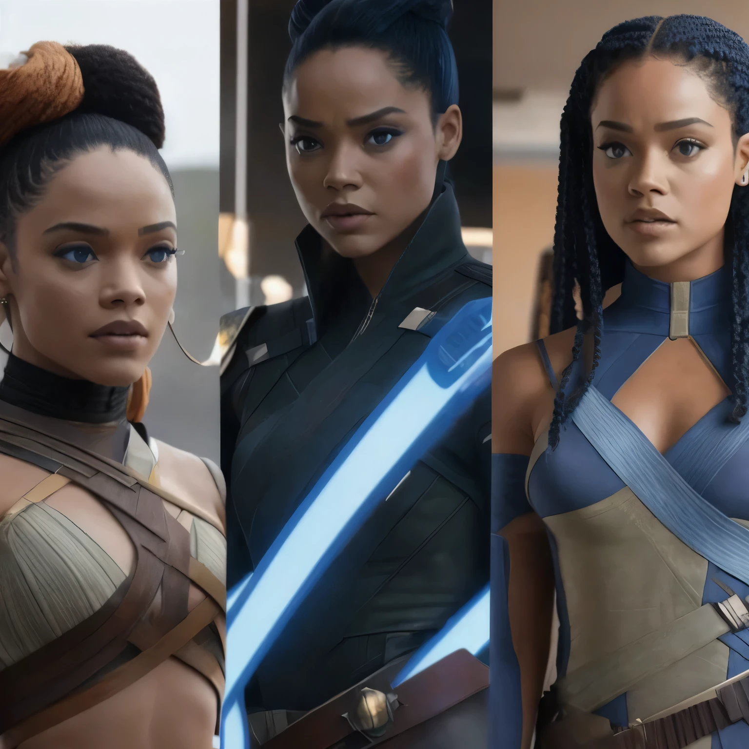  in a star wars sequel, tessa thompson inspired, rey, tessa thompson, movie screenshot from star wars, portrait of ororo munroe, wakanda, ariana grande in star wars