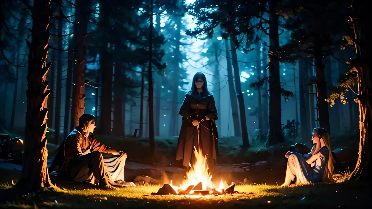 *Image Prompt:** A cinematic epic fantasy image of:-

- Under the night sky of the ancient forest, LYRA,KAELIN AND ELARA find a small clearing to set up camp within the Whispering Woods.
- A campfire crackles, casting flickering shadows on their faces and providing warmth against the encroaching night.
- Lyra sits by the fire, the flames reflecting in her eyes.
- Kaelin is nearby, sharpening his sword.
- Elara tends to the fire, her staff resting beside her, glowing softly with residual magic.
- The forest around them is dark and mysterious.