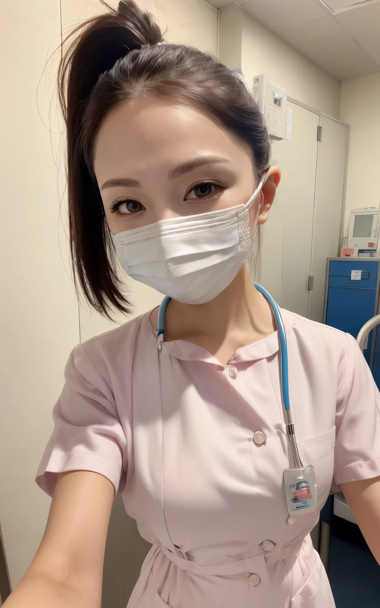 1 girl,(Wearing white nurse clothes:1.2),(RAW photo, highest quality), (realistic, photo-realistic:1.4), masterpiece, very delicate and beautiful, very detailed, 2k wallpaper, wonderful, finely, very detailed CG unity 8k wallpaper, Super detailed, High resolution, soft light, beautiful detailed girl, very detailed eyes and face, beautifully detailed nose, finely beautiful eyes, nurse, perfect anatomy, black hair, low ponytail style, ((white nurse uniform, mask)), thin, hospital, hospital room, auscultation of the neck,bob cut