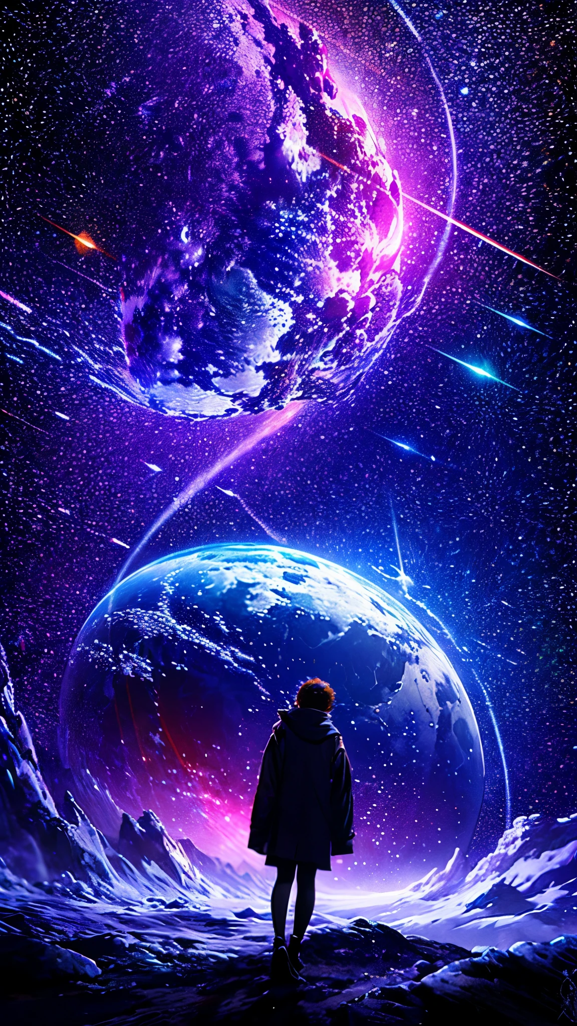 masterpiece、Background with((Fantastic starry sky、kosmoeteor swarm、black hole、Irridescent color))depth((planetes))、A person is standing in the distance、A girl who can't be seen
