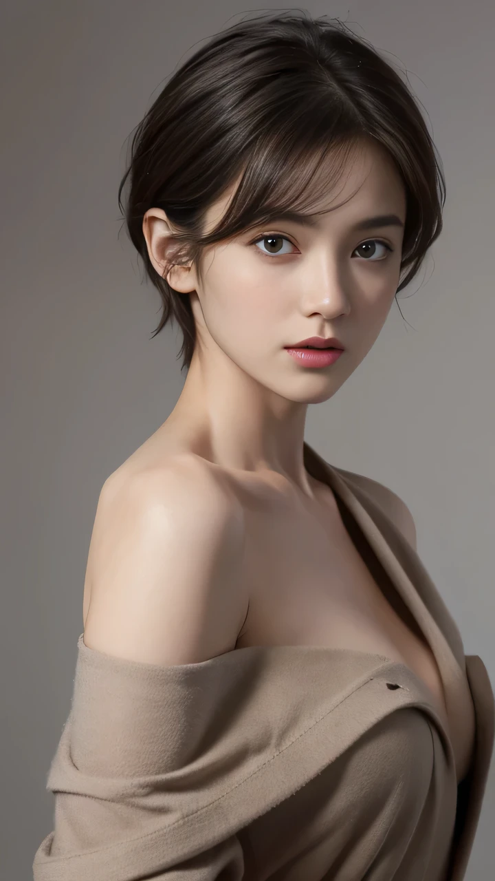 Skinny black top:1.2, looking at the audience, Light, perfect, soft Light, High resolution skin:1.2, Realistic skin texture, 30 years old adult、Small face、No makeup、, Off-shoulder,Bust B cup、 Bare trench coat, Red Eyes, short hair, Dark brown hair,Gray background、