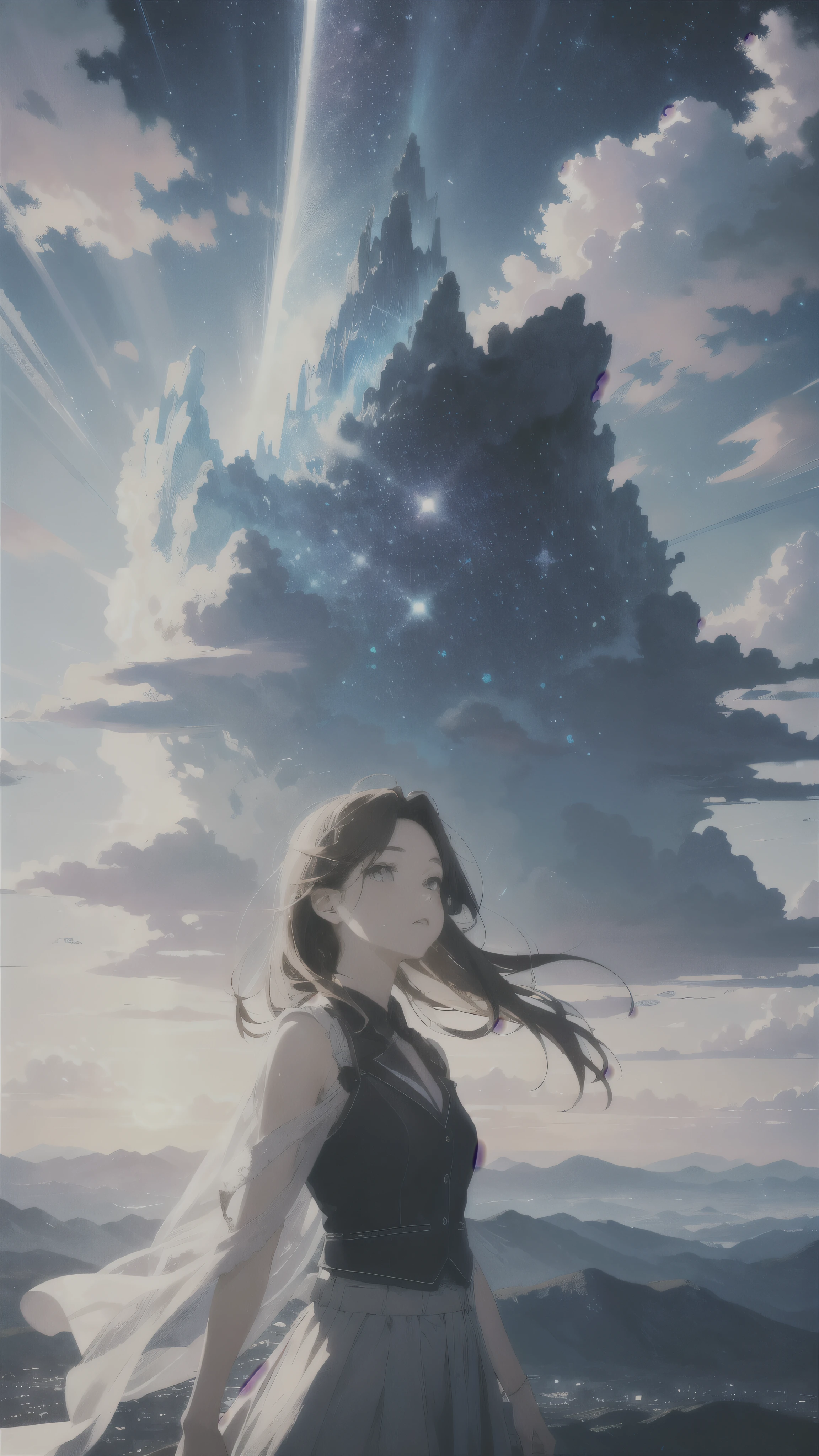 absurdity, high resolution, (official art, beautiful and aesthetic: 1.2), close view,
sparkling sky, vast world, girl, staring, awe-inspiring expression, distant horizon, clouds, high hill, natural beauty, inspiration, light effect, wide shot, from afar,