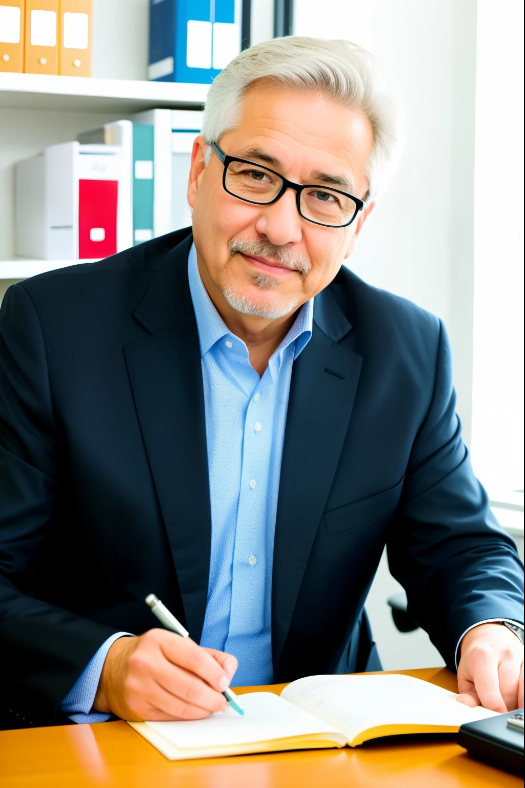 RAW photos, (HD detail skin: 1.2), 8K Ultra HD, Digital SLR Camera, Soft Light, HD, particle, Fuji XT3, A man sitting at his desk, background: (Medical equipment, office), Smile, 60 years old, white hair, professor, gentleman,Harsh and unfriendly，Serious expression，Wearing a white lab coat，And with a very official-looking clipboard。他的office装饰着许许多多的装裱过的奖状和证书，A large table，A few overwhelmed filing cabinets and a strange painting of St. George and a dragon。