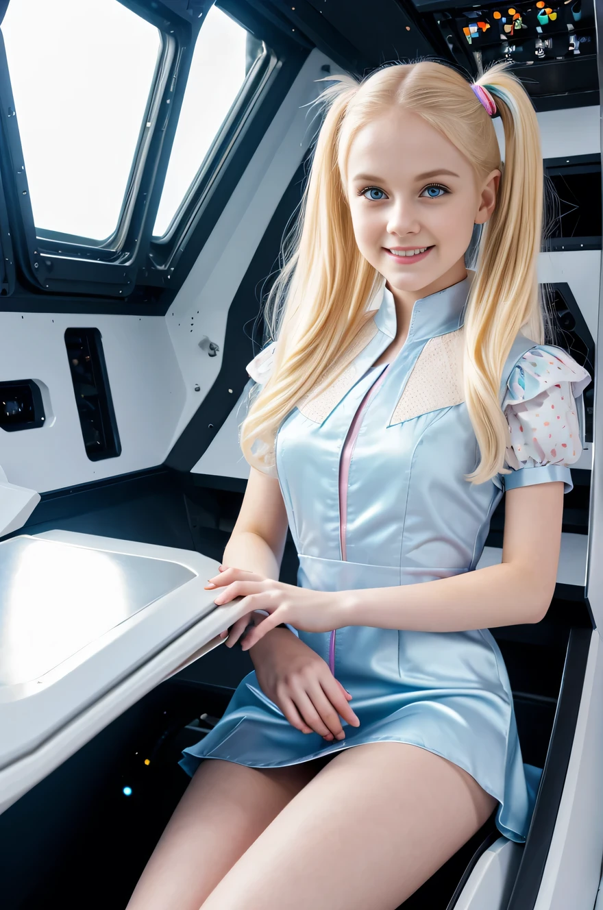 cute 19-year-old blond haired woman, pale white skin, happy, smiling, in twin tails, perfect blue eyes, pale goth skin, silky smooth skin, flying a fancy metal luxurious space ship, futuristic cockpit, she's a pilot, outer space seen in windows, dark warm lighting, wearing a futuristic dress, pleated (chemise) mini dress (pastel rainbow colors, and polka dots), puffy sleeves, silk, pantyhose, cute short cut booties, boots.