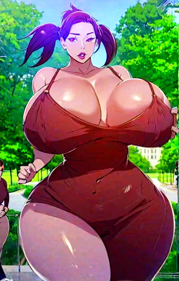 Hermosa mujer criatura MILF,((Bimbo, 1 woman)) sexy secretary, mature woman, motherly woman, brunette woman with purple lips, pink eyes, pink hair, long hair, beautiful face ((huge breasts, giant tits, big hips, anatomical body, firm abdomen, wide hips, Dark skin, pigtail hair)) dressed as a secretary (((running in the park)))((comic vignettes))