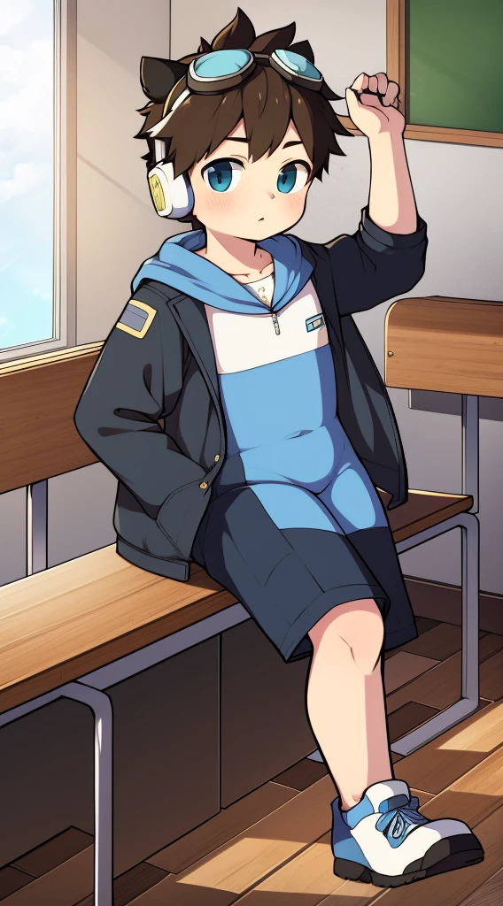 2D Boy Shota，One-piece mountaineering suit，Put the headphones on your head，permanent，goggles，Cow ears，sports shoes，classroom，Walk