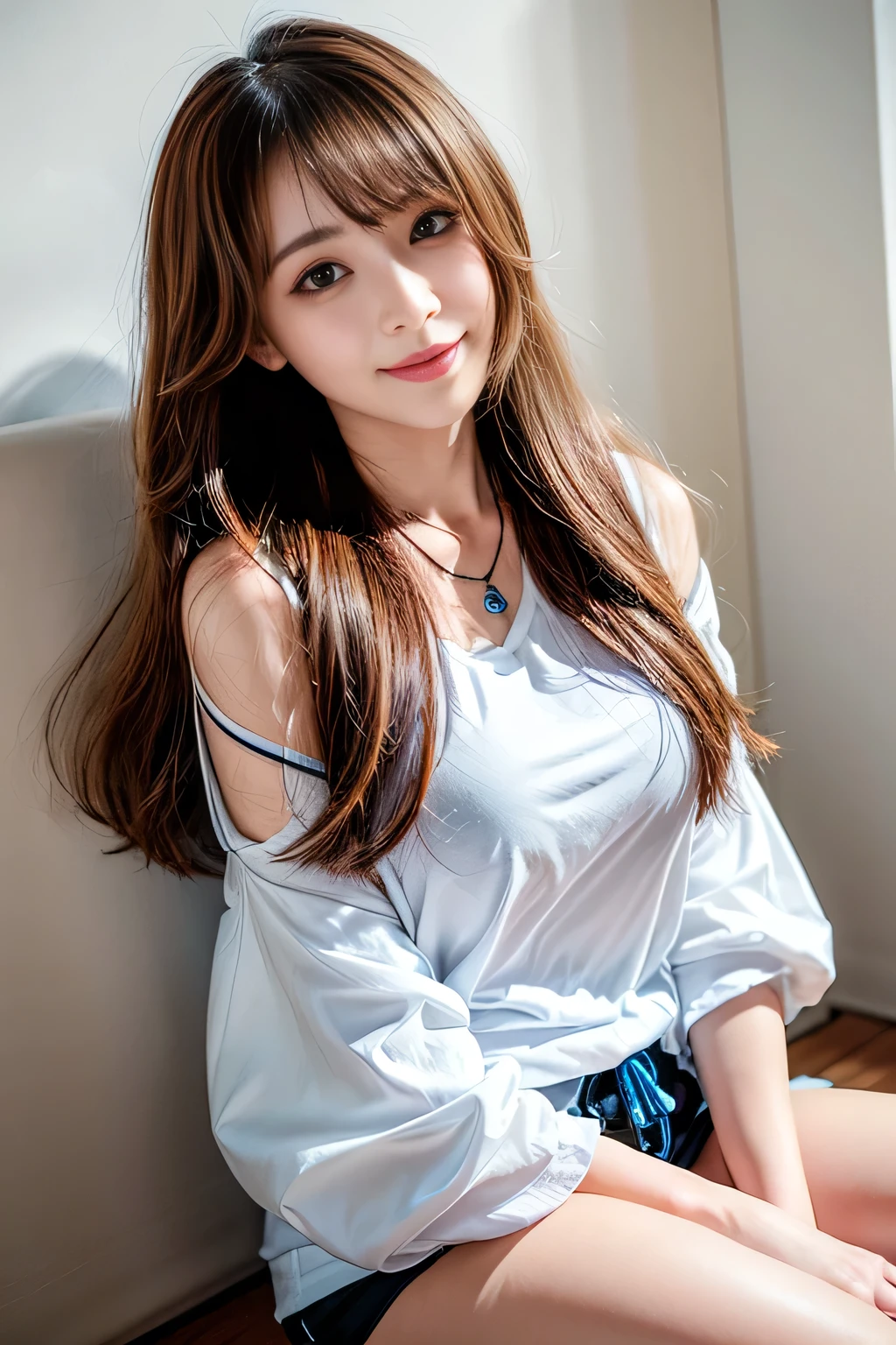 ((Full Body Angle))、((Front hair:1.3))、((highest quality, 8K, masterpiece: 1.3)), concentrated: 1.2, Cute girl 1,Nipples erect、 Perfect beauty: 1.4,Cut and sewn T-shirt Raglan sleeve summer short sleeve T-shirt.Shorts: 1.2,Long sleeve、Randall Color、comics&Text Graphics、Black ruffle-trimmed drawstring zip blouse,1.1, Highly detailed face and skin textures, Fine grain, double eyelid, whitening skin, ,highest quality,Ultra-high resolution,you,1 girl,alone,_Shiny_skin,Iris,necklace,((Brown_length_Wavy_hair)),(lips)),eyelash,Front hair,deal with,compensate,Shiny,pore,skin,Large Breasts、smiling face、living、