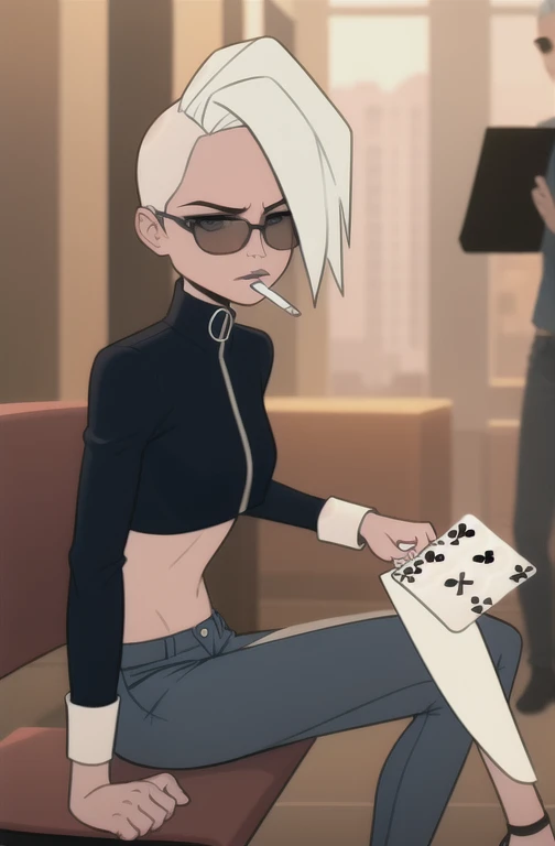 (dark theme:0.6), Glucose, 1 woman, mature and rough face, altushka, clear facial expression, One, short hair, in a black leather jacket, in black jeans, wearing sunglasses, sexuality, Long legs, High growth, bright sun, wound,  1.2), sitting in the VIP room on a chair in the middle, sitting from afar, casino, plays poker, smokes a cigarette, holds a cigarette in his mouth, огромный стол для рулетки в casino, table close-up chips, cards, держит две cards средним и указательным пальцами, White hair, pomade, decrease,  I look at the viewer, grey eyes, Sharp image, crop top, (HDR:1.22), Muted colors, complex background, Hyper detailed, art [[Jordan Grimmer]], close-up