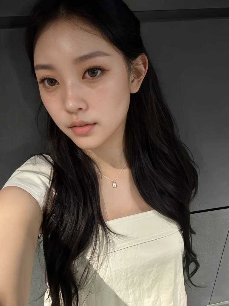 Arafed Asian woman with long black hair and white shirt., 8k selfie photography, joven y adorable rostro coreano, hermosa joven coreana, jaeyeon nam, Young cute pale asian face, jinyoung shin, hermosa joven coreana, ulzzang, pale korean adorable face, Heonhwa Choe, con cara linda - fina, hermosa mujer surcoreana