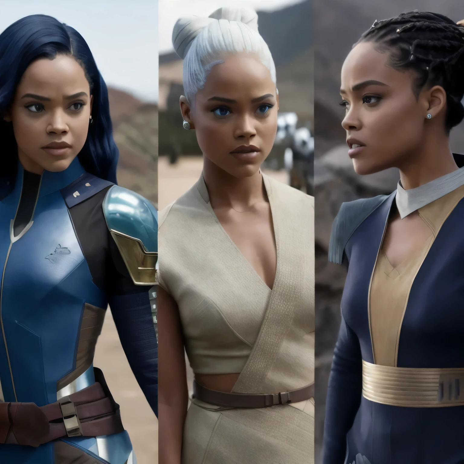  in a star wars sequel, tessa thompson inspired, rey, tessa thompson, movie screenshot from star wars, portrait of ororo munroe, wakanda, ariana grande in star wars