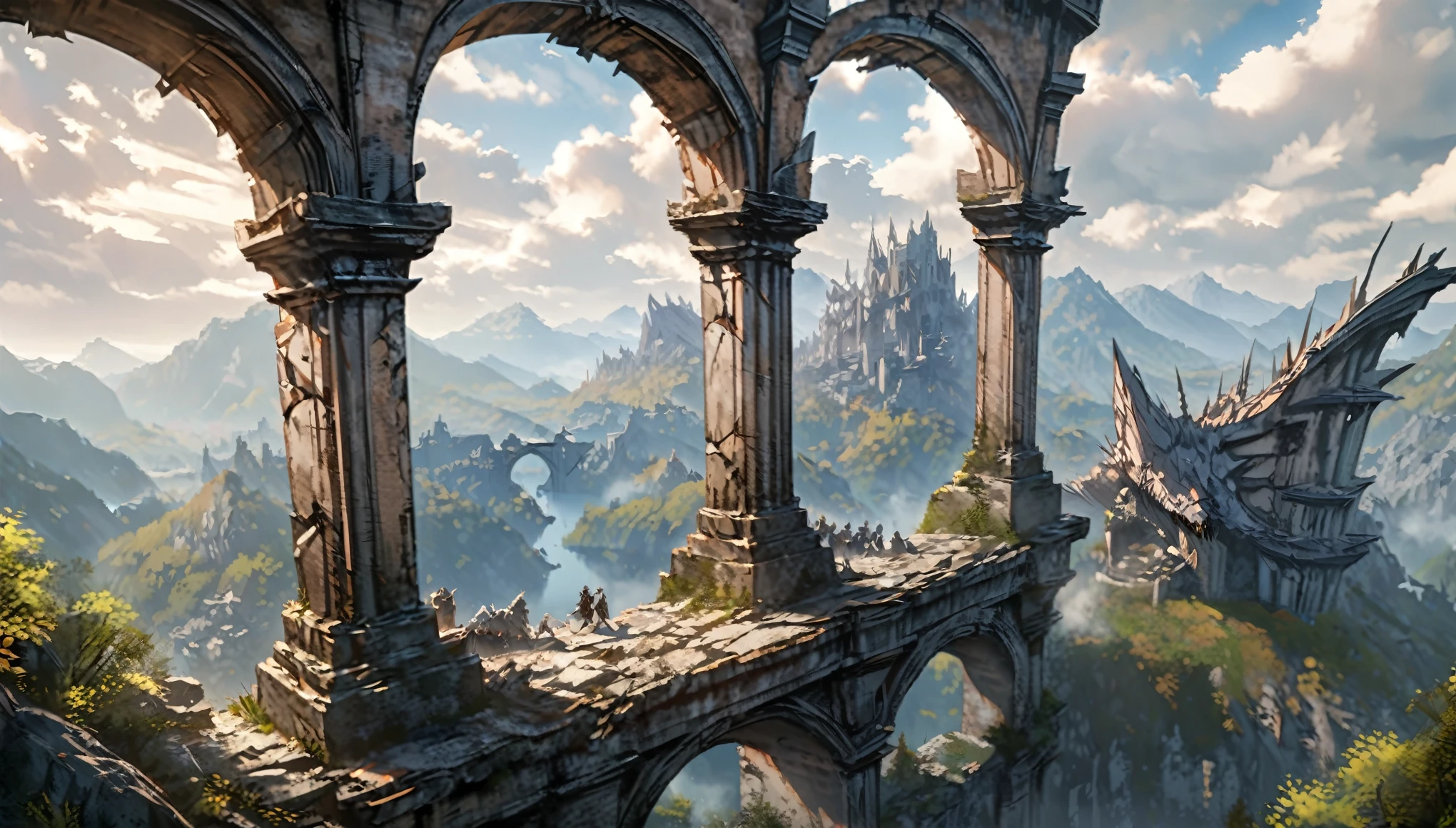 anime aestetics, wyvern lies on the platform, sleeping, spiky and scaly skin, white skin, wide body, huge wings, encient ruins, white stone, broken walls, dark souls 3, bright day, calm atmosphere, intimidating, a little clouds, beautiful ruins, perfect angle, wide shot, perspective, atmospheric perspective, 4K, highres, best quality, award winning, super detail, masterpiece, accurate