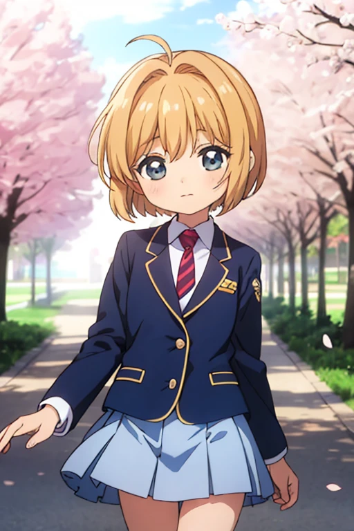 masterpiece, highest quality, High resolution,kawaii, anime, Cute,Cherry blossom park,1 boy dressed as a woman, Age is 7 years old,Are standing,short bob hair,chestnut hair,Navy blue blazer with trim,Wearing a dark checkered pleated skirt,wearing socks,Wearing school-designated pumps,happy expression,soft atmosphere, Beautiful background,looking at the camera,Cherry blossom petals are scattered,Frame it with cherry blossoms,Cowboy Shot,Navy blue blazer with white trim,The wind has blown her skirt up,Wearing a striped tie