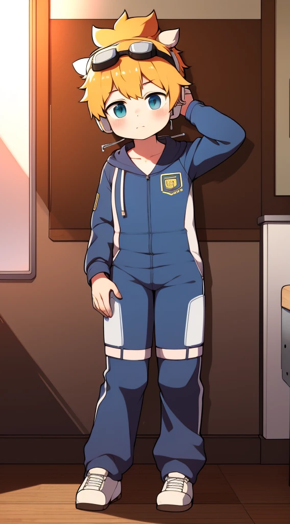 2D Boy Shota，One-piece mountaineering suit，Put the headphones on your head，permanent，goggles，Cow ears，sports shoes，classroom，Walk