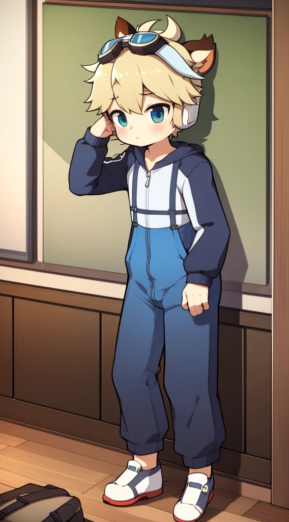 2D Boy Shota，One-piece mountaineering suit，Put the headphones on your head，permanent，goggles，Cow ears，sports shoes，classroom，Walk