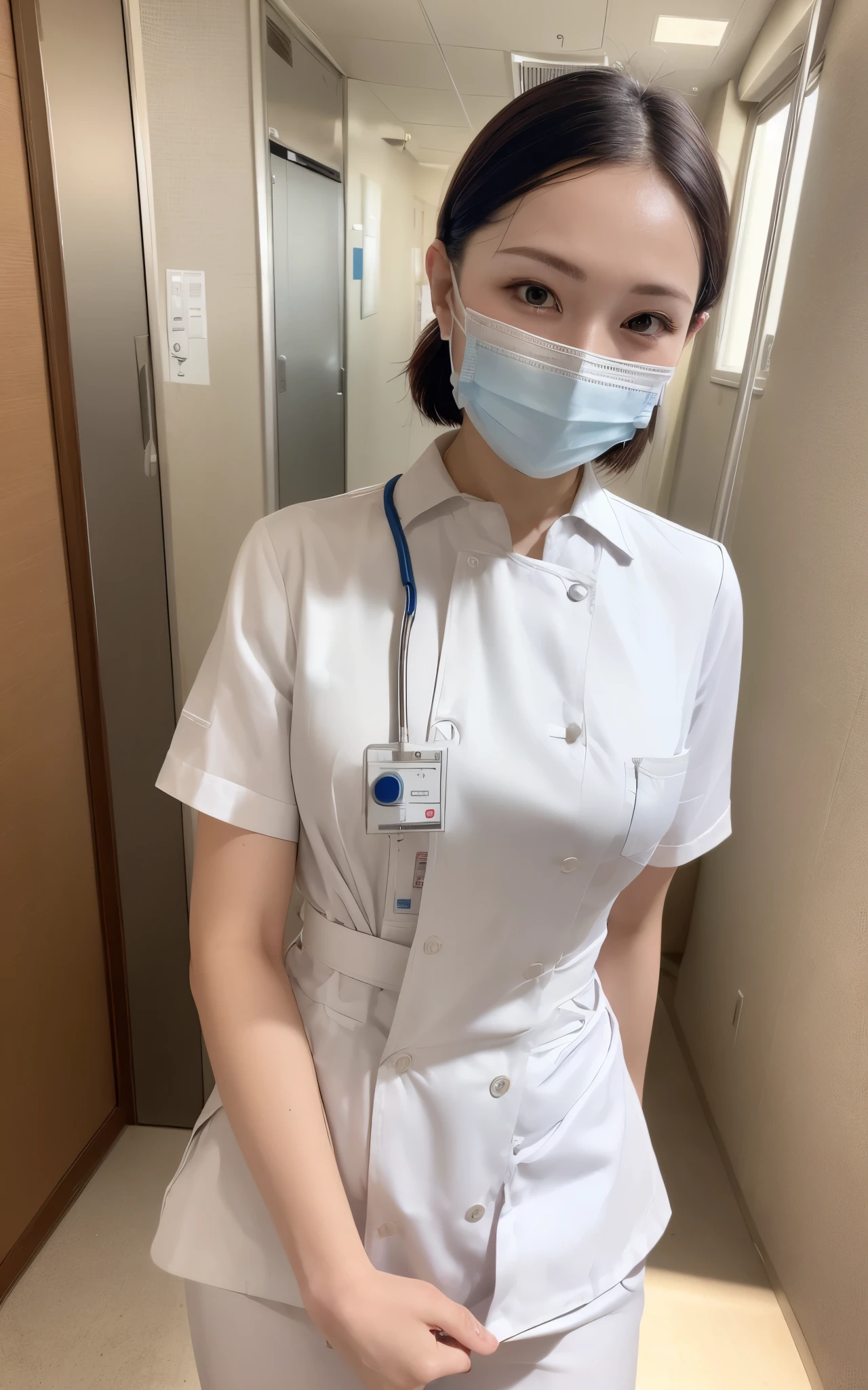 1 girl,(Wearing white nurse clothes:1.2),(RAW photo, highest quality), (realistic, photo-realistic:1.4), masterpiece, very delicate and beautiful, very detailed, 2k wallpaper, wonderful, finely, very detailed CG unity 8k wallpaper, Super detailed, High resolution, soft light, beautiful detailed girl, very detailed eyes and face, beautifully detailed nose, finely beautiful eyes, nurse, perfect anatomy, black hair, low ponytail style, ((white nurse uniform, mask)), thin, hospital, hospital room, auscultation of the neck,bob cut