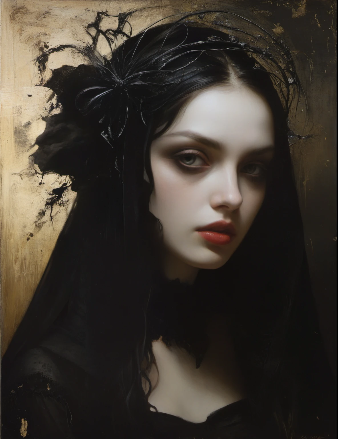 James Gurney, Surrealist art , dream-like, Mysterious, Provocative, symbolic, Complex, detailed,, (Gothic but very beautiful:1.4), (masterpiece, highest quality:1.4) , Nicola Samori Style, Beautiful woman face、Portraiture