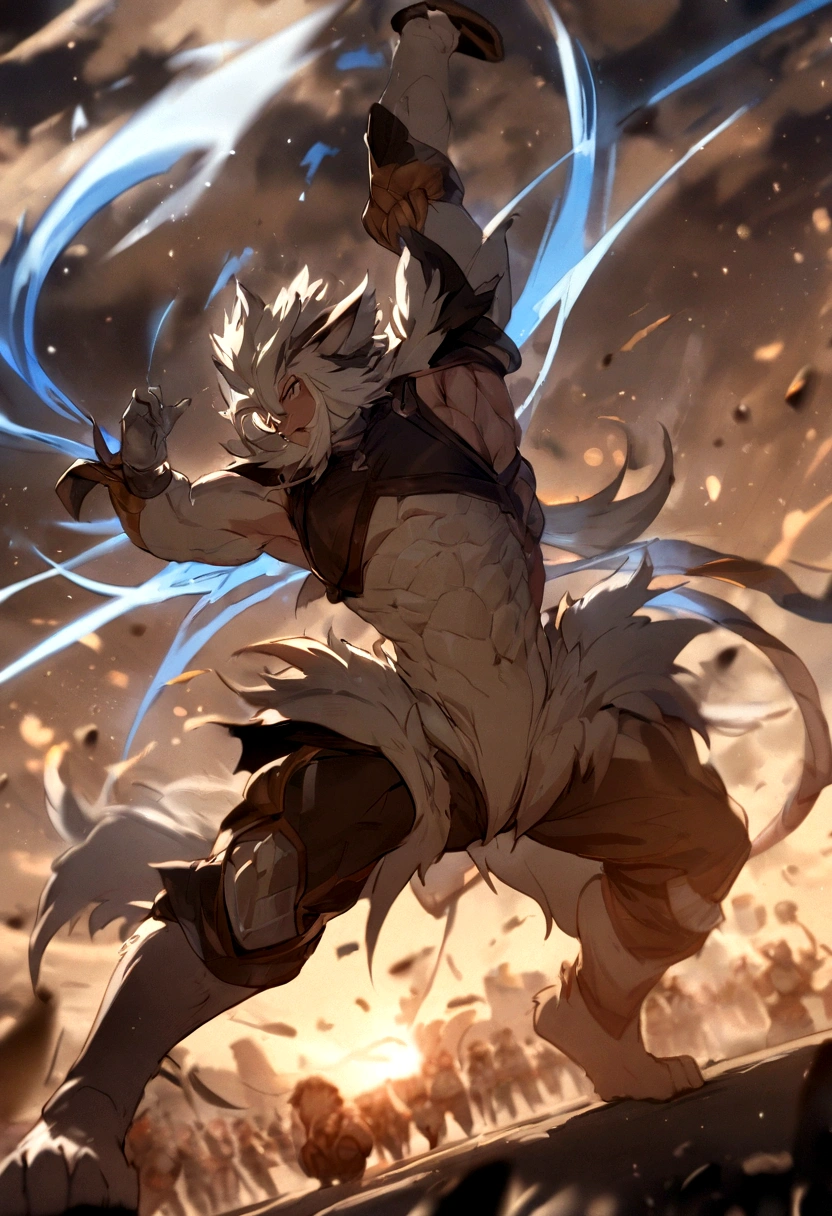 top quality, high-quality illustrations((masterpiece))depth of field, motion blur, absurdres, Perfect Anatomy, magnificent picture of kemono fighting battles, kemono, Anthro((dramatic))epic, weapon, Acrobat, One scene of movie,