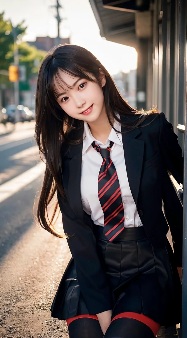 (highest quality,masterpiece:1.3,ultra high resolution),(Super detailed,caustics,8k),(photorealistic:1.4,RAW shooting),1 girl,(look at the camera with a smile),20-year-old,cute,Japanese,black hair long bronde, (The chest of the uniform is open,Sitting upright in black and red classy high school girl uniform wearing black pantyhose and sexy legs and lifting skirt in shame：1.7) , big ,bust up shot,street,face focus,Natural light,Backlight,(A bright light shines from above),(Lens flare),professional writing,(low position),(Low - Angle)