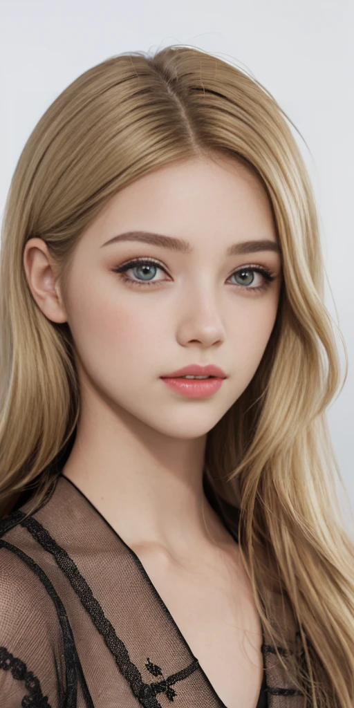 Blonde girl, young, piel clara, cabello largo medio ondulado, Light brown color, Brown eyes, nariz definida, Briton, realista, fondo blanco, detalles realistas, ojos normales, round marked jaw 