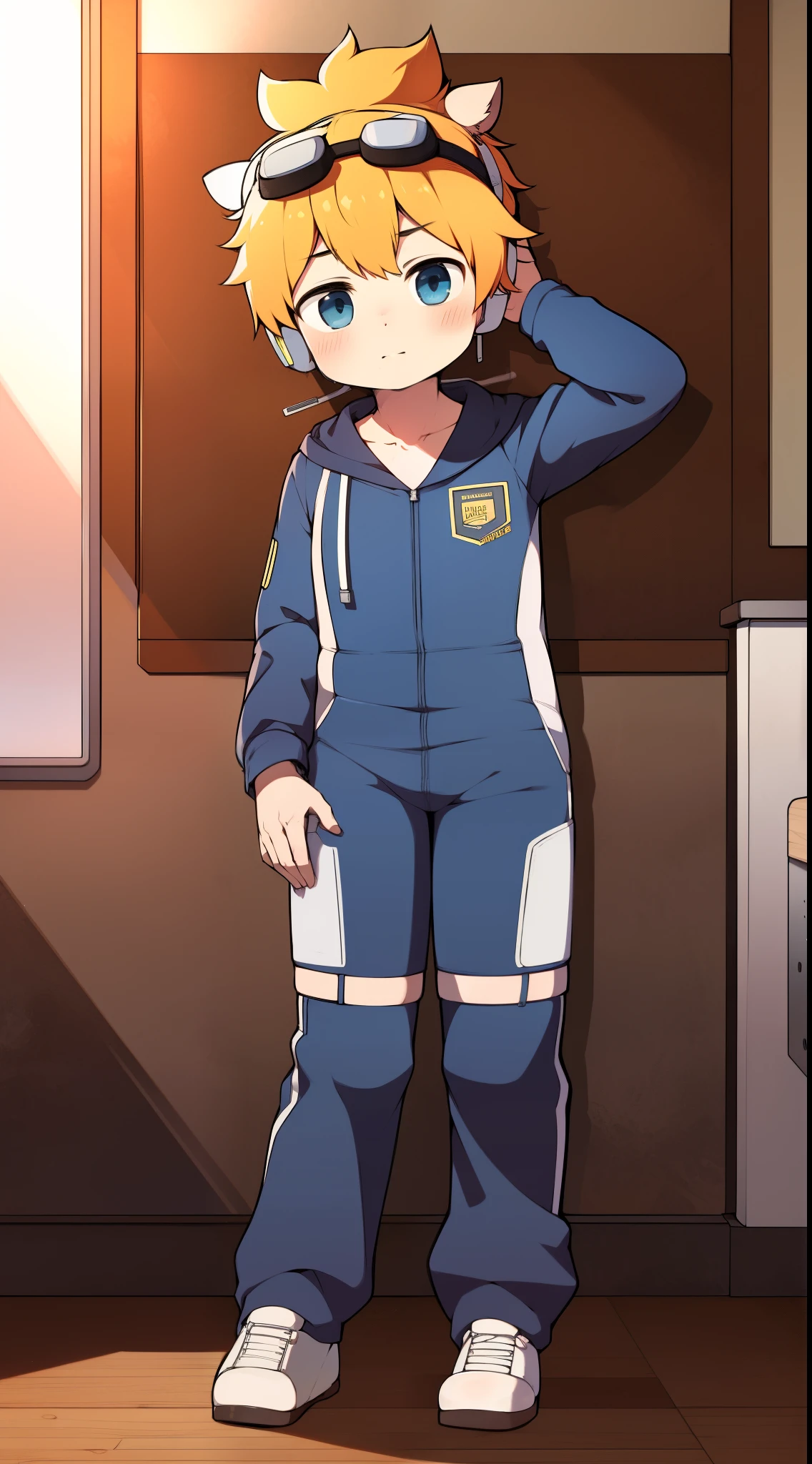 2D Boy Shota,One-piece mountaineering suit,Put the headphones on your head,permanent,goggles,Cow ears,sports shoes,classroom,Walk