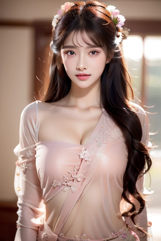 Masterpiece, beautiful details, perfect focus, uniform 8K wallpaper, high resolution, exquisite texture in every detail, solo indian woman aged 20, solo, long hair, breasts, looking at viewer, blushing, bangs, beautiful detailed eyes, floral indian cotton saree, deep neckline, matching blouse, matching fashion accessories, large breasts, headpiece, bow, cute cleavage visible through transparent saree, hair between the eyes, closed mouth, collarbone , detailed natural hair, side locks, eyelashes, face like nancy momoland, very detailed, very detailed and sharp facial features, detailed nose, detailed shinning and glossy eyes, full glossy lips, perfect face, very detailed and shinning natural hairs, perfect body, very detailed and natural skin,