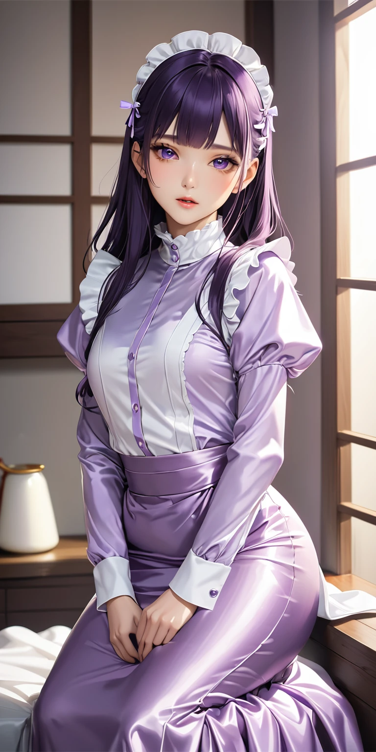 (masterpiece,highest quality,超A high resolution),Japanese women, (((Very beautiful 25 year old girl))), pretty girl、The maid uniform completely covers the whole body....、(Shiny light purple long sleeve maid dress)、High neck maid shirt、The upper body is completely covered by a satin shirt、Mermaid-style long skirt、Super glossy satin
