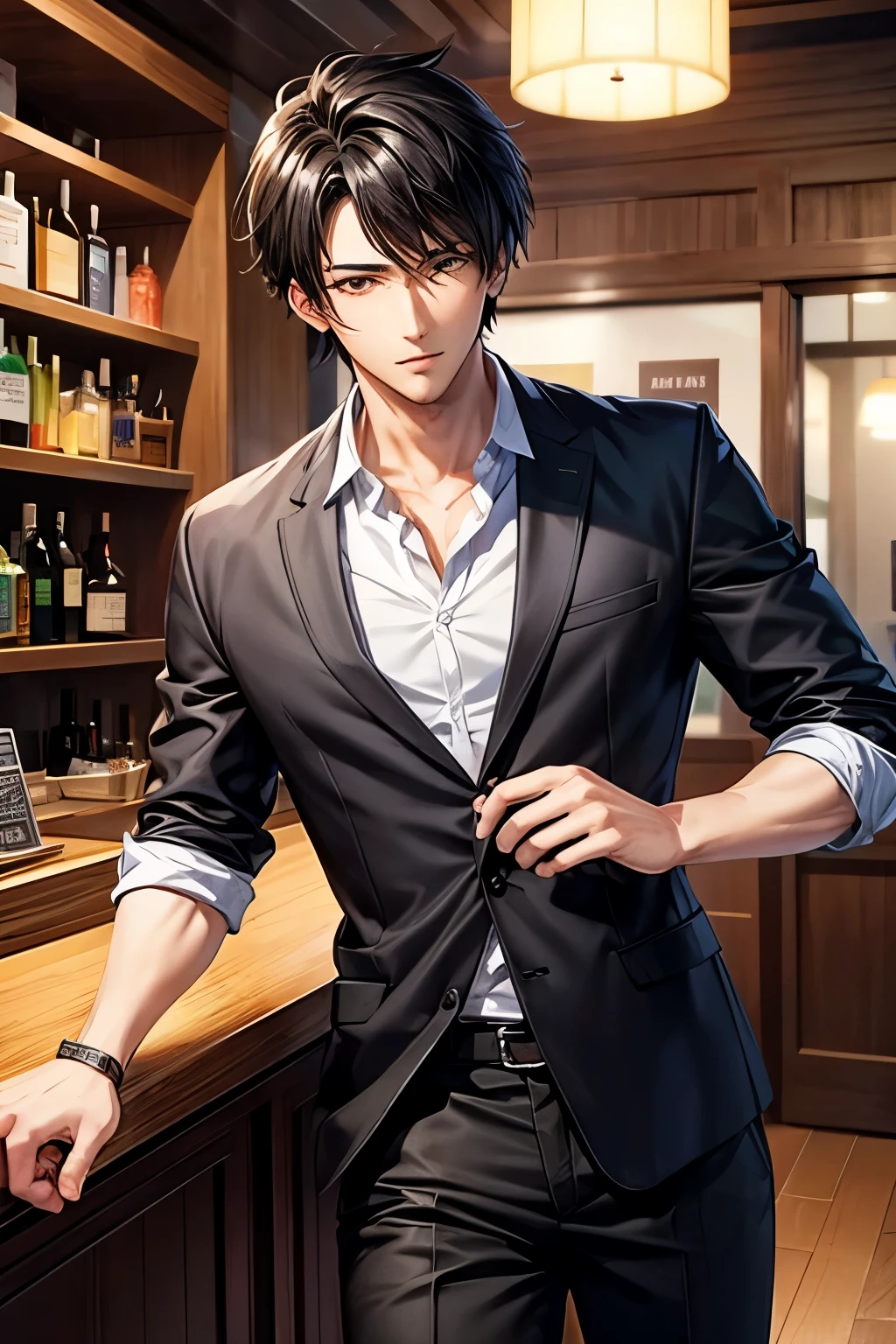 Anime-style illustrations、Short black hair、Brown eyes、Handsome Men、gentleman、Bar Master、bass、Chill out、