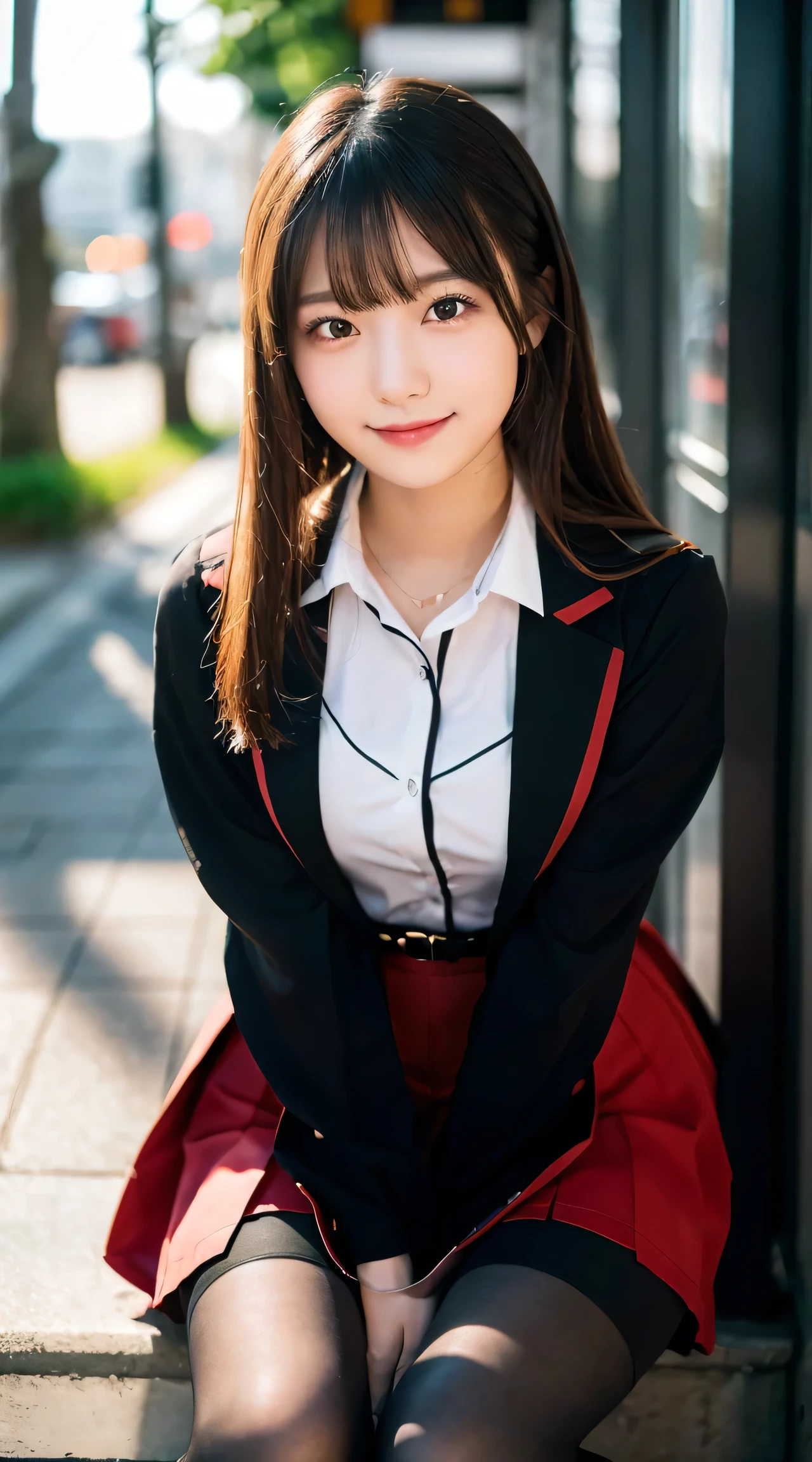 (highest quality,masterpiece:1.3,ultra high resolution),(Super detailed,caustics,8k),(photorealistic:1.4,RAW shooting),1 girl,(look at the camera with a smile),20-year-old,cute,Japanese,black hair long bronde, (The chest of the uniform is open,Sitting upright in black and red classy high school girl uniform wearing black pantyhose and sexy legs and lifting skirt in shame:1.7) , big ,bust up shot,street,face focus,Natural light,Backlight,(A bright light shines from above),(Lens flare),professional writing,(low position),(Low - Angle)