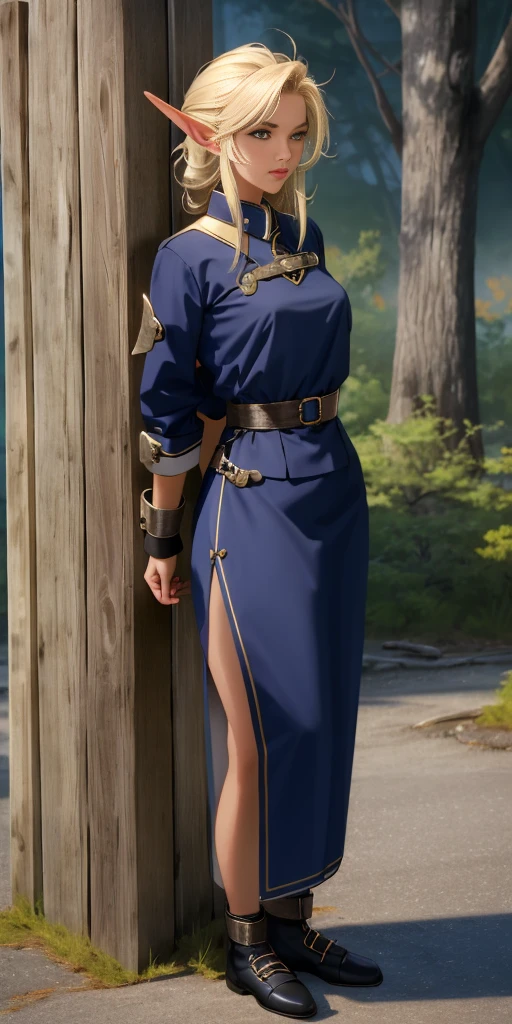 (Masterpiece, best quality, intricate details, 1sologirl) iron collar, arms behind back, iron cuffs, shackles, bound ((standing by wooden pole:1.2)) ((Pirotes Dark elf skin))