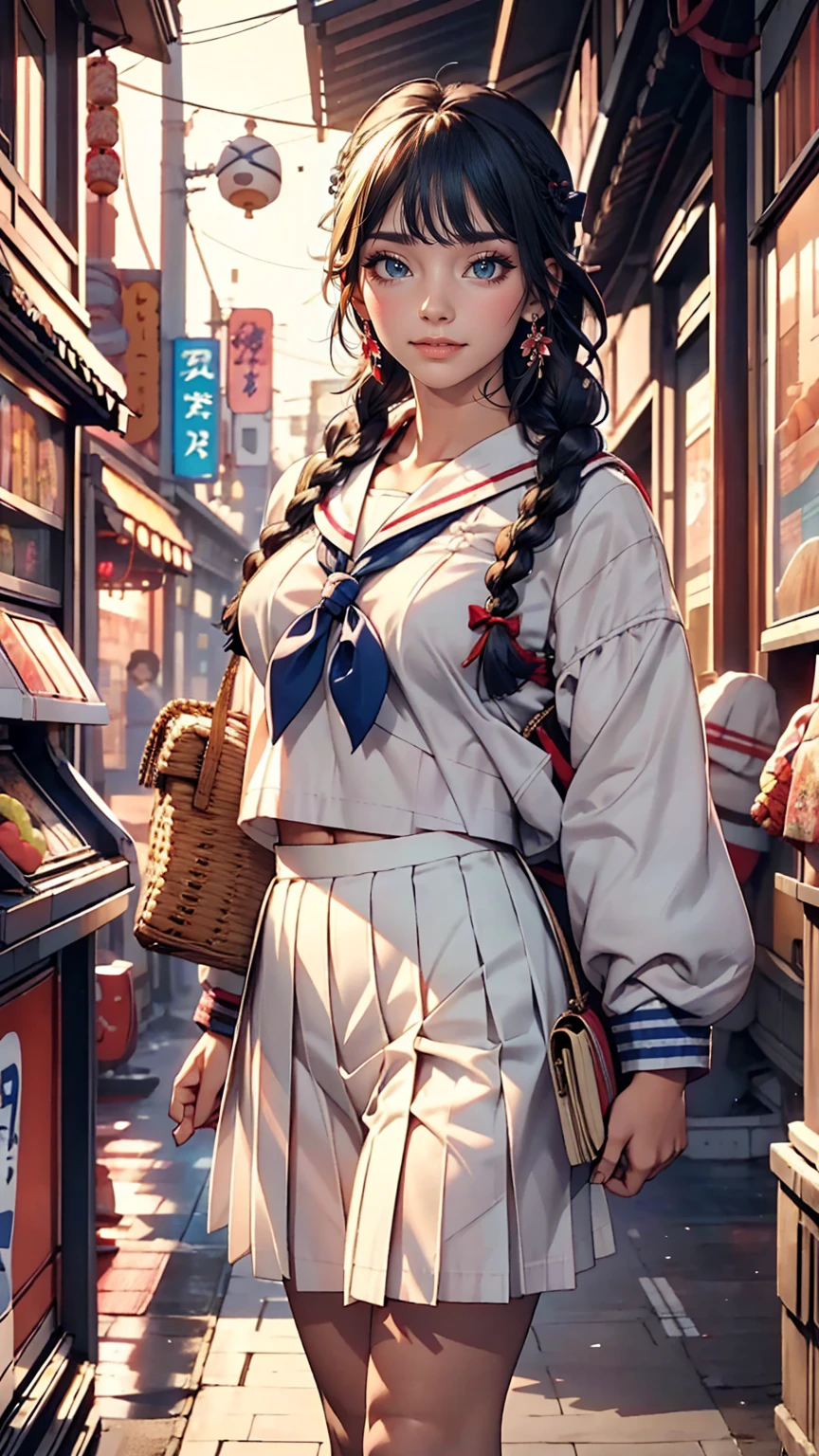 Japanese women、high school girl、A sheer white sailor suit for summer wear、Multi braid((multiple braids))、A sheer navy low-rise pleated skirt、I can see my belly button、White socks、loafers、Carrying a school bag、In front of the UFO catcher at the arcade