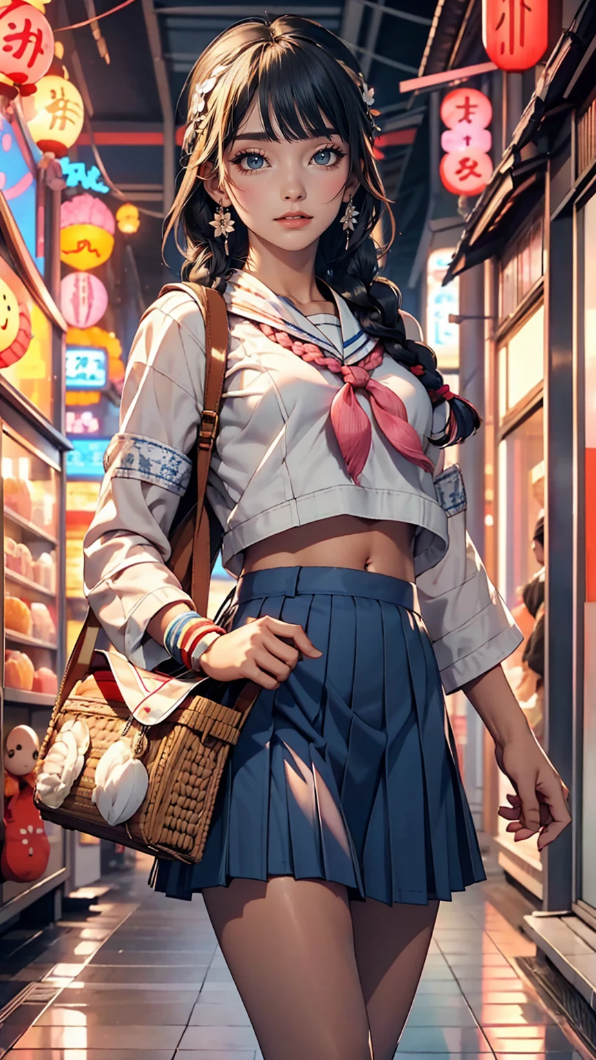 Japanese women、high school girl、A sheer white sailor suit for summer wear、Multi braid((multiple braids))、A sheer navy low-rise pleated skirt、I can see my belly button、White socks、loafers、Carrying a school bag、In front of the UFO catcher at the arcade