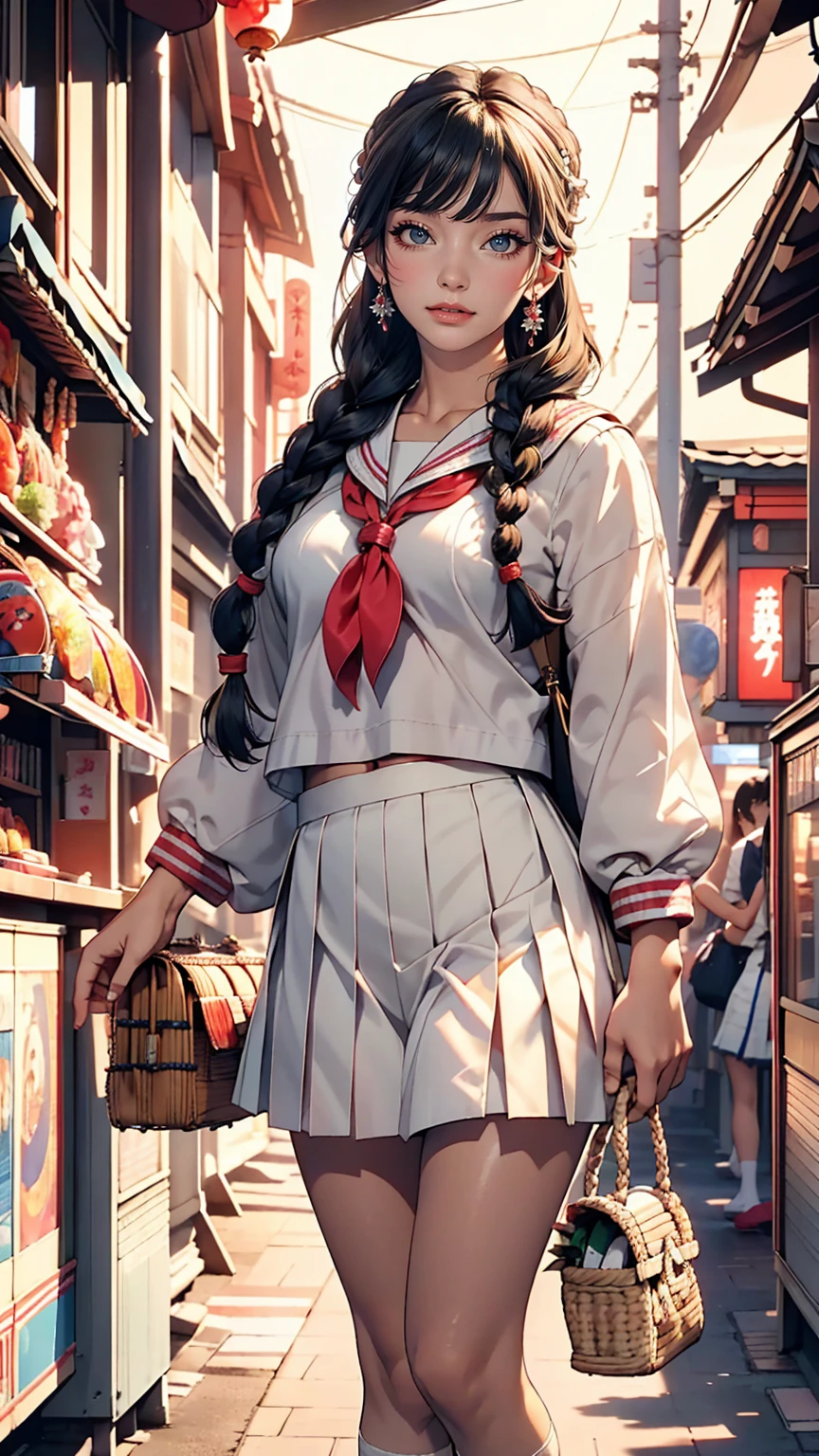 Japanese women、high school girl、A sheer white sailor suit for summer wear、Multi braid((multiple braids))、A sheer navy low-rise pleated skirt、I can see my belly button、White socks、loafers、Carrying a school bag、In front of the UFO catcher at the arcade