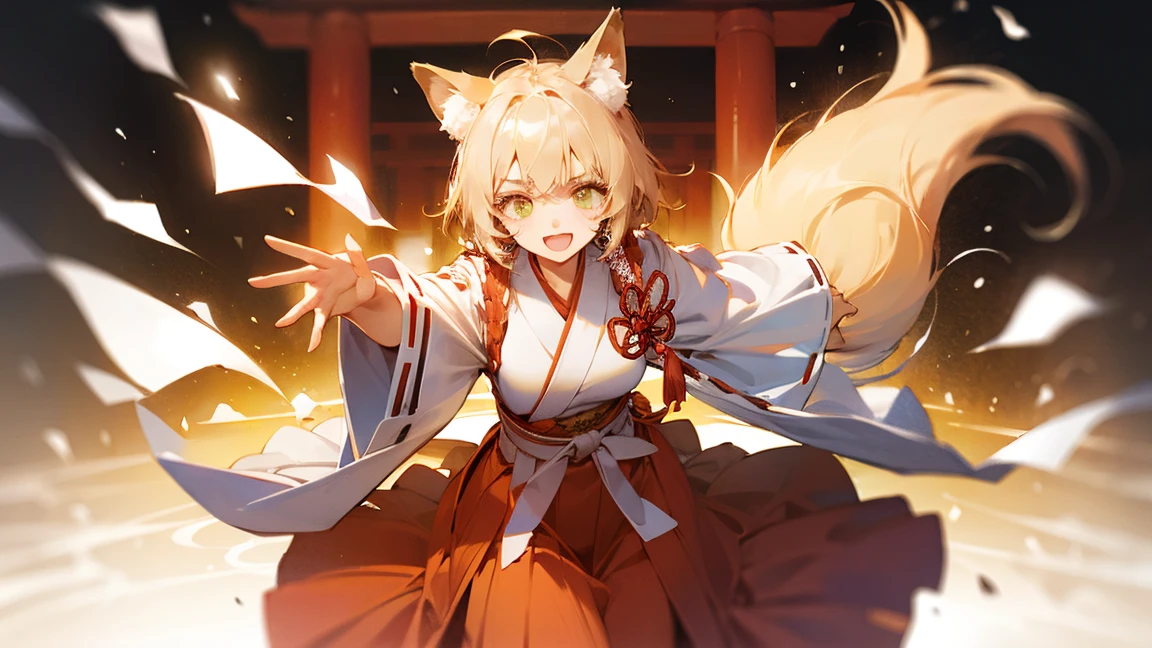 (masterpiece, best quality) detailed, ,Fox ear beauty，Red and white miko kimono　，light blonde silver hair ,olive green pupils，elegant, (Fox ears)，Red Eyeshadow, shy smiley face，open mouth，Reach out to the camera，whole body，Dance，The long skirt with high slits exposes the thighs，Fushimi Inari Taisha Shrine，There are many sky lanterns behind　mystery　wonderland, Colorful, 最detailed