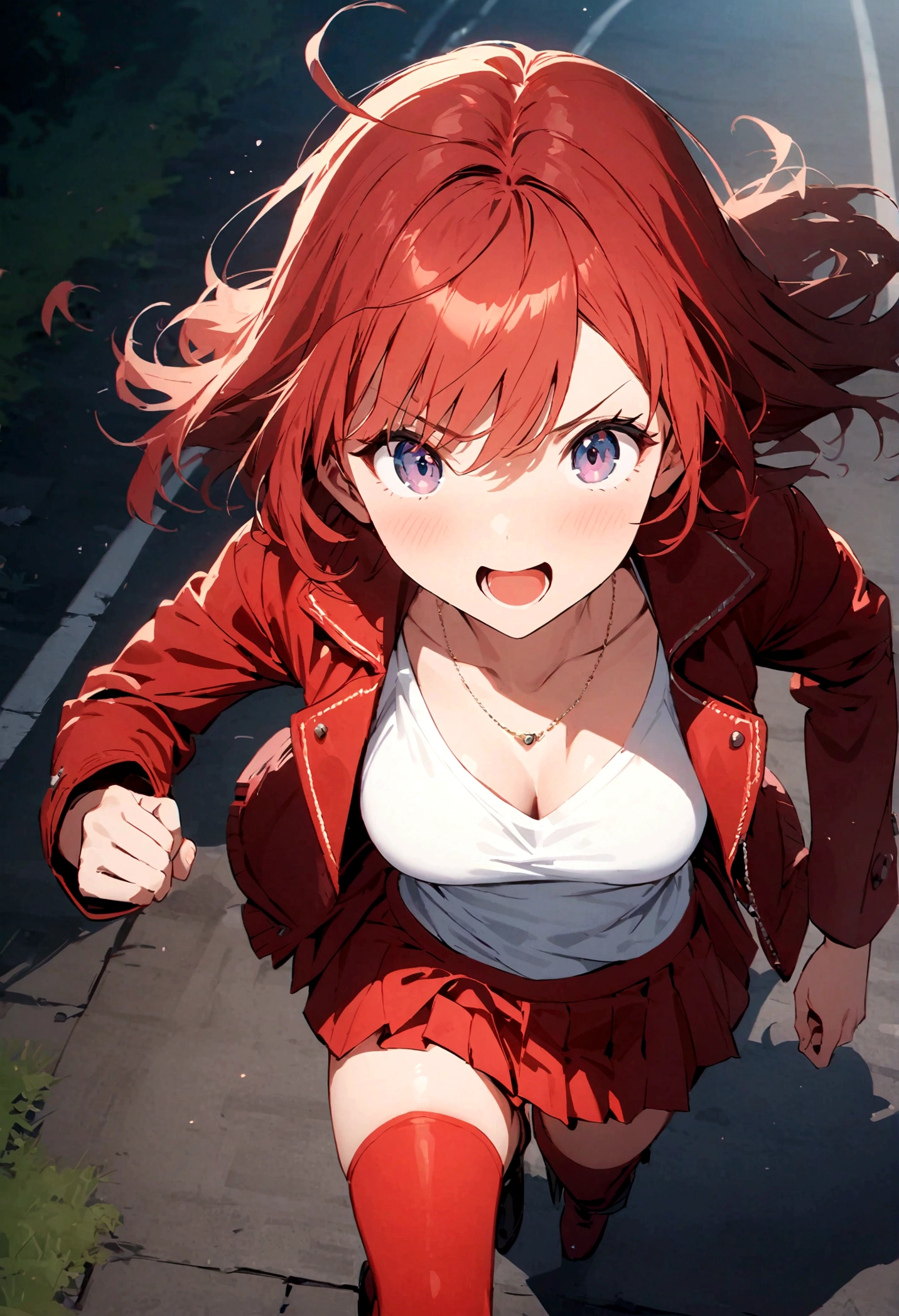 masterpiece, best quality, Anime Girl, red stockings, Red Jacket, Pleated Skirt, Red Skirt, Long sleeve, Necklace, white shirt, Bow, Open clothes, high-heel boots, Asphalt Road, running, eye trail, Night Sky, from above,