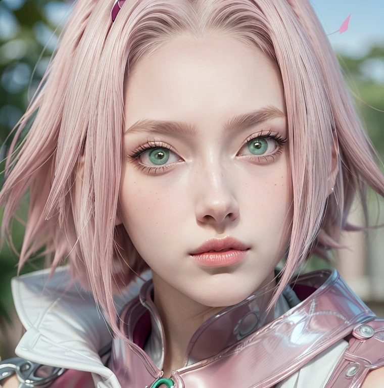 Young, tall woman, slender body, porcelain skin, short pale pink hair, heart-shaped face, wide forehead with a purple rhombus, thin pink eyebrows, large jade green eyes, long eyelashes, buttoned nose, large pink lips , red kimono clothes, black gloves, sword, forest, Sakura Haruno, 3d
