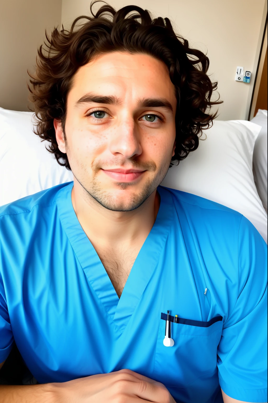 
A 30-year-old man，Brown curly hair, writer, blue eyes (freckle) on his face, Wearing hospital gown，Lying on a hospital bed，A dull face，(Poker face)