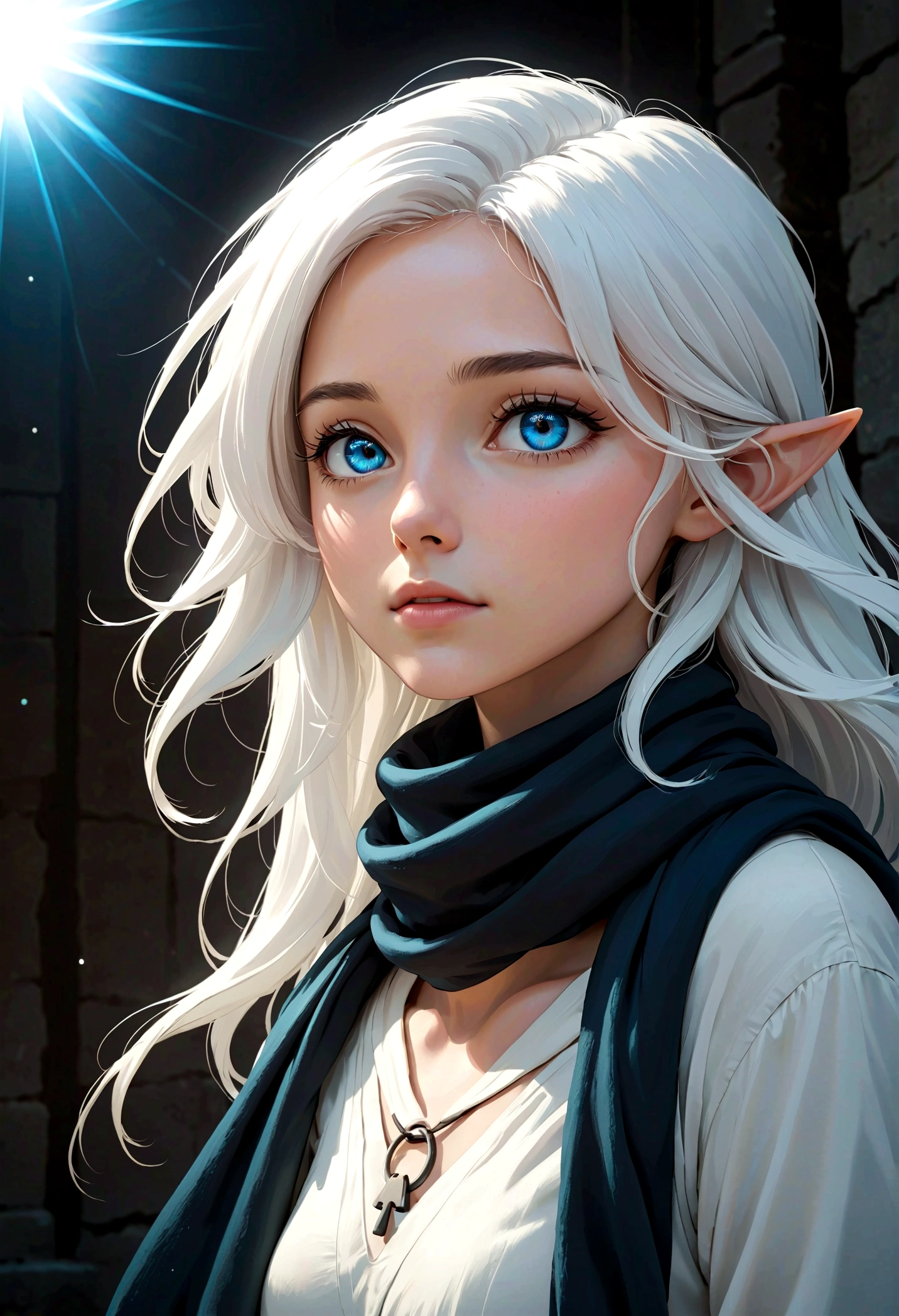 best quality, (Wide-angle lens), masterpiece, Elf Children, white hair, blue eyes, White clothes, black scarf, look up, Upper Body, A lock of hair, Straight hair and scattering
