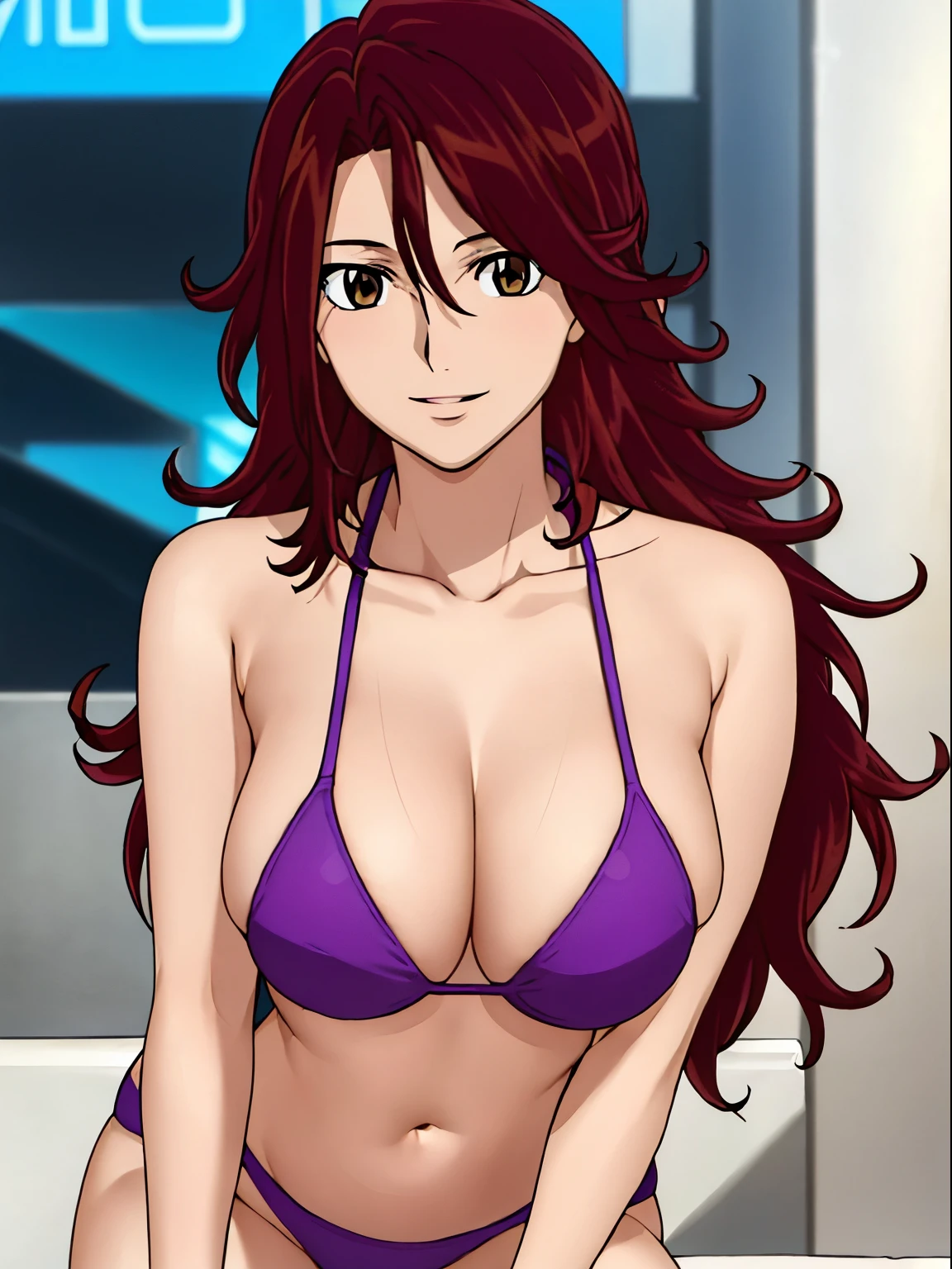 1girl, blunt bangs, very happy, smile, very high resolution, cowboy shot, red bikini top, (purple hair:1.2), very long hair, looking at viewer, smile, highly detailed background of wrestling ring, (photo realistic:1.2), detailed eyes, red eyeshadow, depth of field，thighs, (solo:1.2), (cyberpunk city:1.1), cleavage, (finger on lips:1.1),Shiny skin, standing, big spring breasts, armpit line, little biceps, arm band