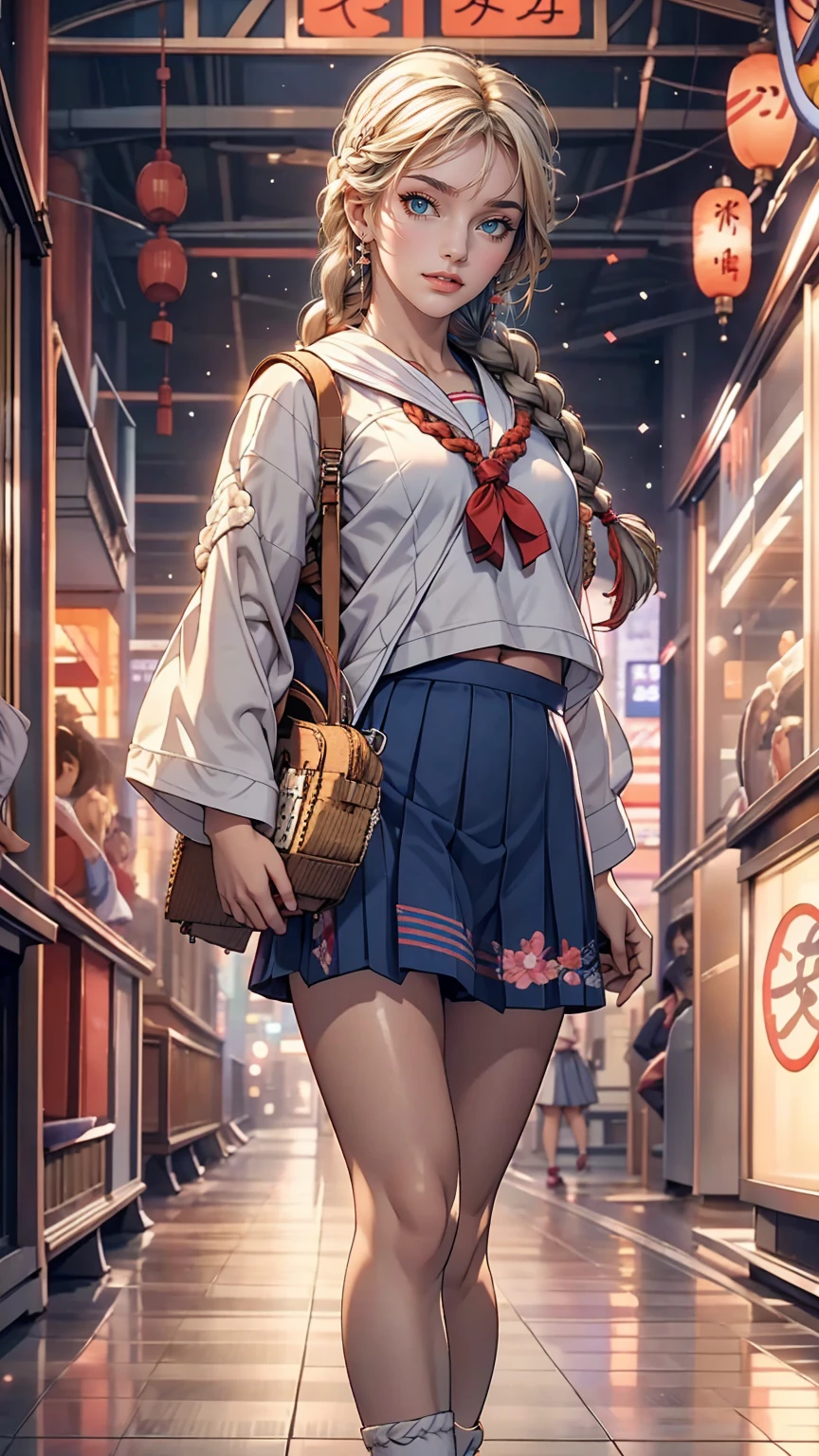 Japanese women、high school girl、A sheer white sailor suit for summer wear、Multi braid((multiple braids))、A sheer navy low-rise pleated skirt、I can see my belly button、White socks、loafers、Carrying a school bag、In front of the UFO catcher at the arcade