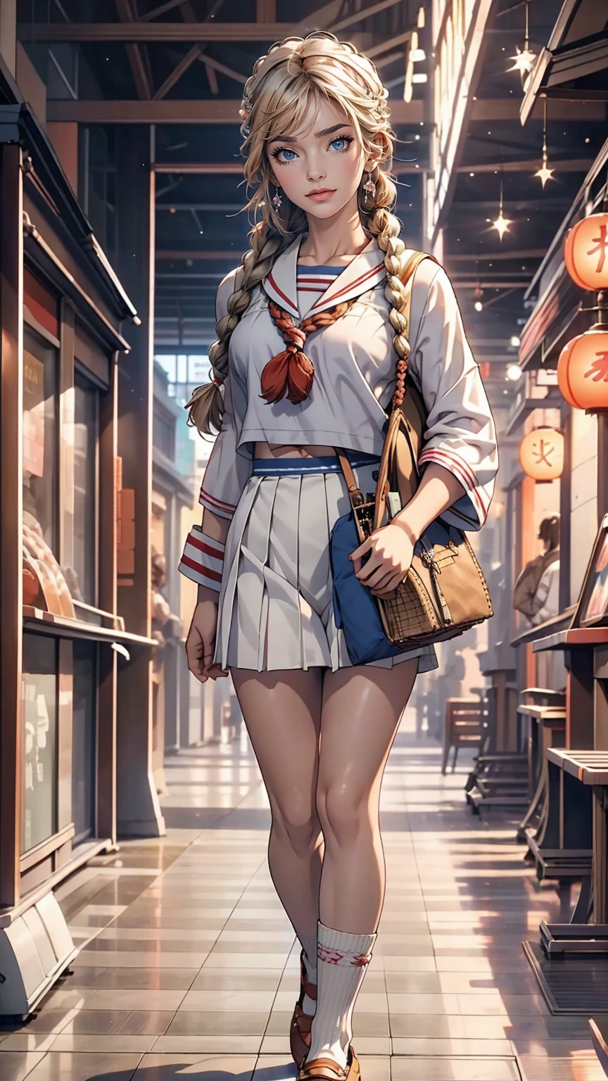 Japanese women、high school girl、A sheer white sailor suit for summer wear、Multi braid((multiple braids))、A sheer navy low-rise pleated skirt、I can see my belly button、White socks、loafers、Carrying a school bag、In front of the UFO catcher at the arcade