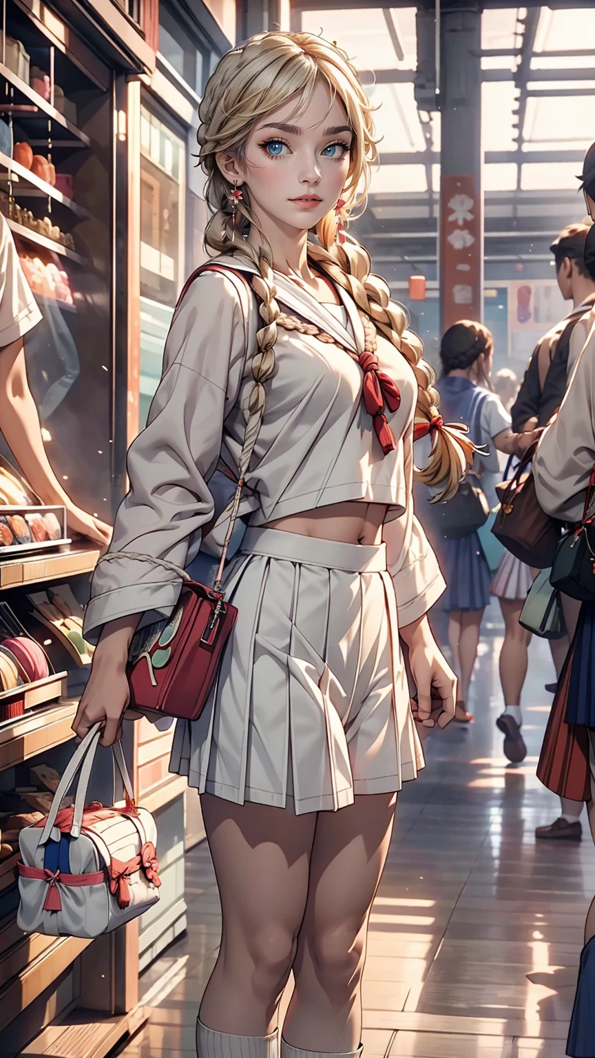 Japanese women、high school girl、A sheer white sailor suit for summer wear、Multi braid((multiple braids))、A sheer navy low-rise pleated skirt、I can see my belly button、White socks、loafers、Carrying a school bag、In front of the UFO catcher at the arcade