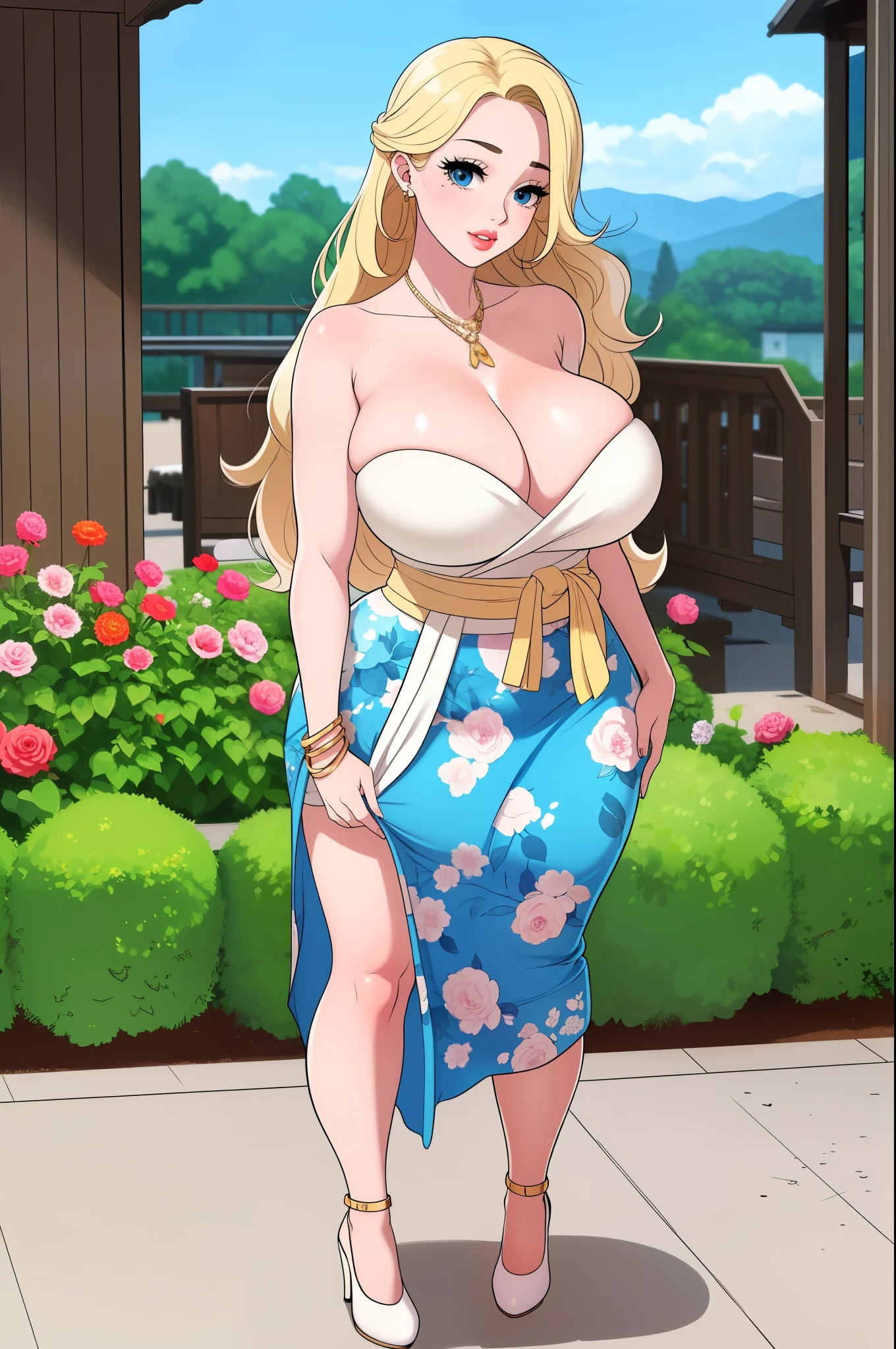 An extremely beautiful busty woman with gold blonde long silky hair, blue oceanic eyes, extremely super bright snow white fair stunning flawless glowing lush shiny white skin, and complexion, a perfect tight hourglass figure, a thick plump ass, cleavage, and perfect hips, wearing a short loose revealing sky blue floral dress with a white sash around the waist and a white off-shoulder cardigan, yellow heels, jewelry on the neck, gold bangles on her wrist, and anklets on her legs, gold earrings, a cute adorable smile, pink puffy lips, pink nails, red rose on hair, standing straight, hands joined together, looking at the viewer, big garden in the background, day time, show full body from head to feet.
