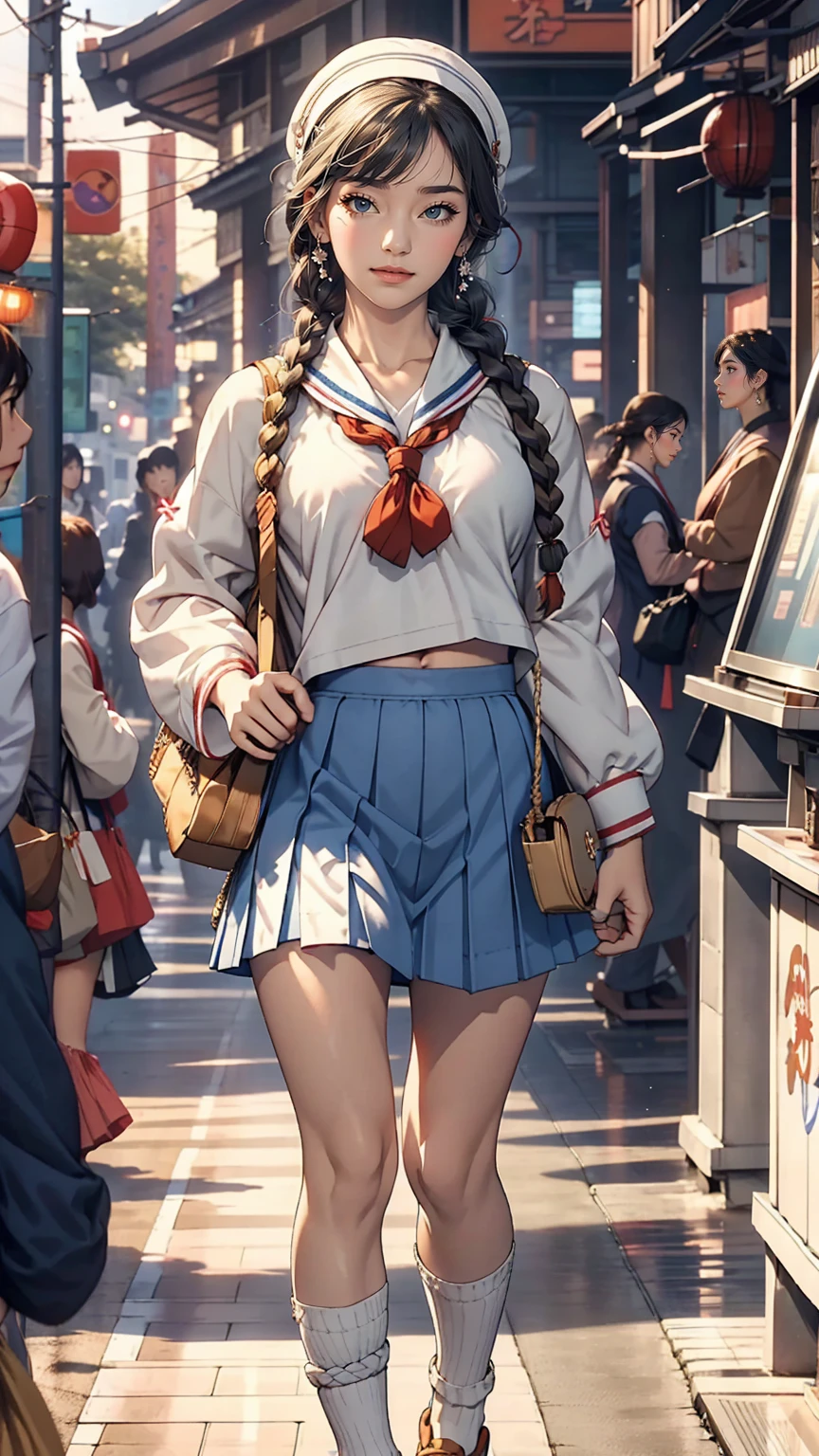 Japanese women、high school girl、A sheer white sailor suit for summer wear、Multi braid((multiple braids))、A sheer navy low-rise pleated skirt、I can see my belly button、White socks、loafers、Carrying a school bag、In front of the UFO catcher at the arcade