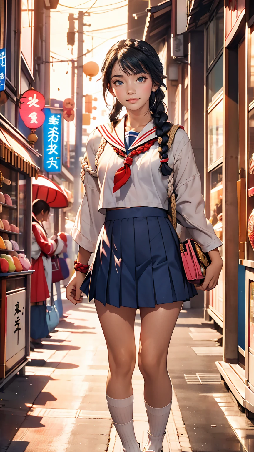 Japanese women、high school girl、A sheer white sailor suit for summer wear、Multi braid((multiple braids))、A sheer navy low-rise pleated skirt、I can see my belly button、White socks、loafers、Carrying a school bag、In front of the UFO catcher at the arcade
